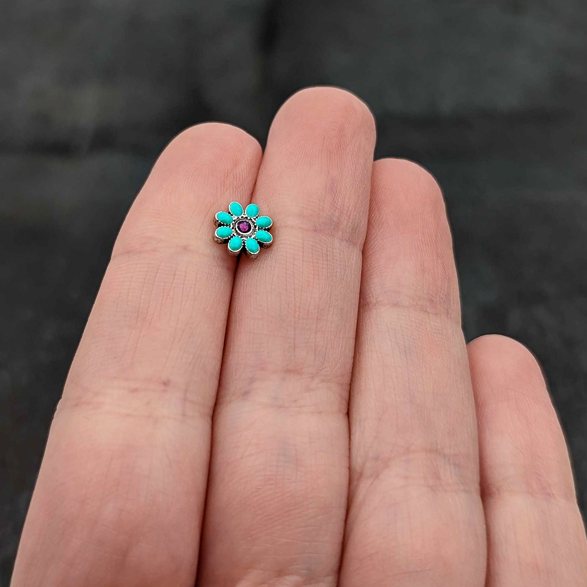 16G 5/16 Blue Gem Flower Teal Petals Labret Monroe Tragus