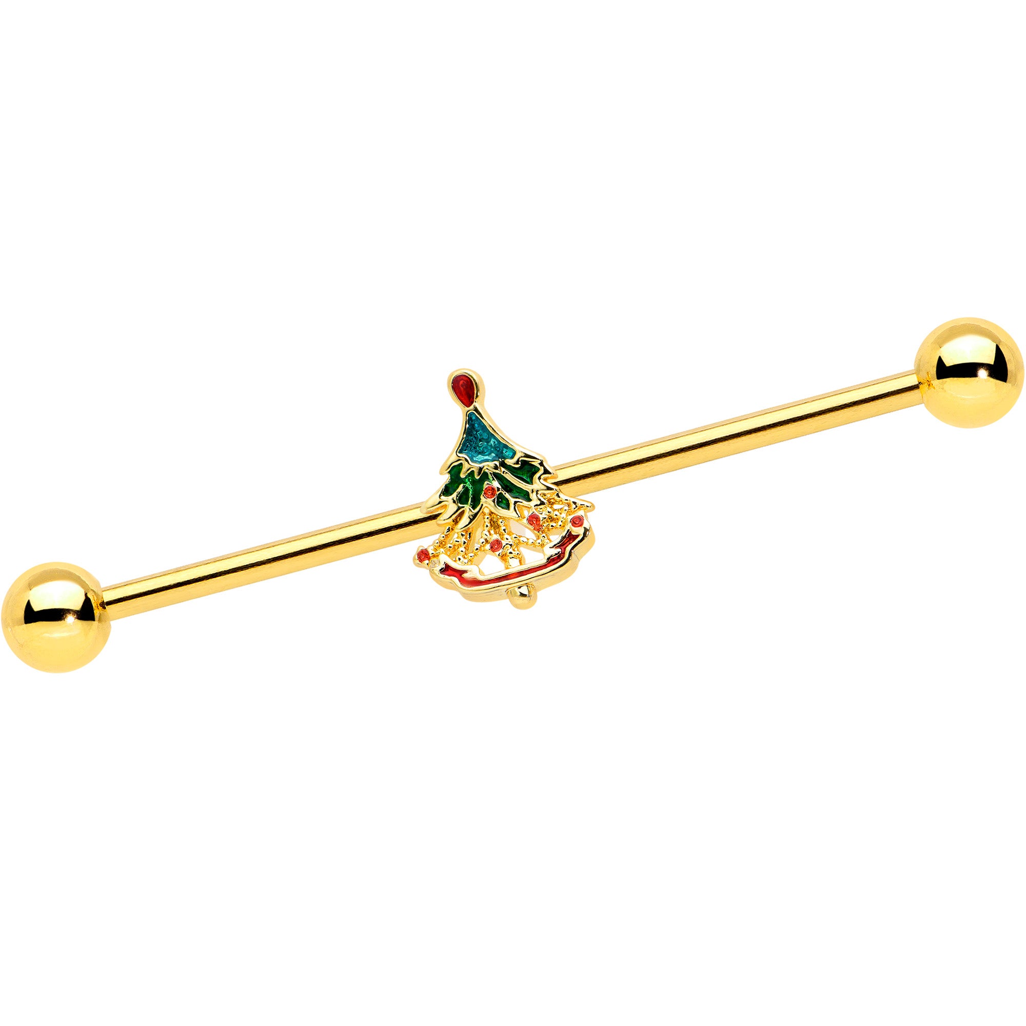 14G Red Gem Gold Tone Deco Holiday Tree Industrial Barbell 38mm