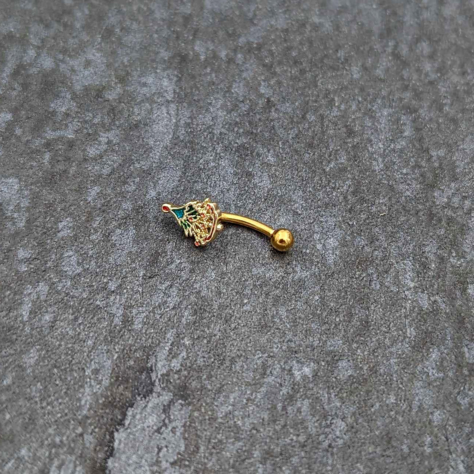 16G 5/16 Red Gem Gold Tone Deco Holiday Tree Curved Eyebrow Ring