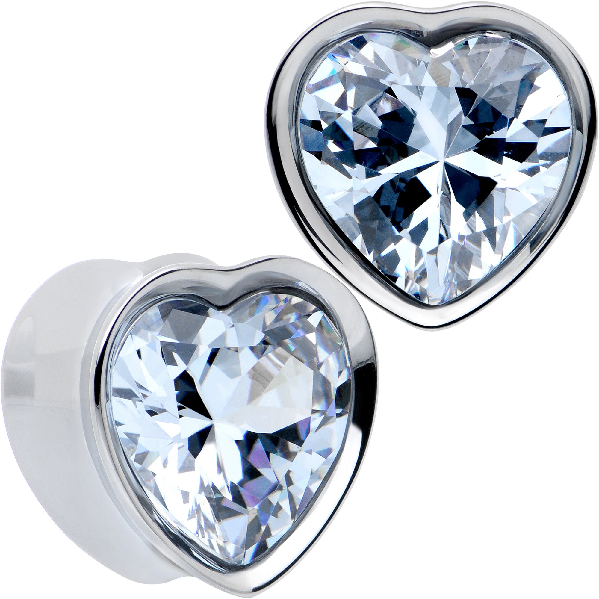 Stainless Steel CZ Gem Heart In Heart Double Flare Plug Set 8mm to 16mm