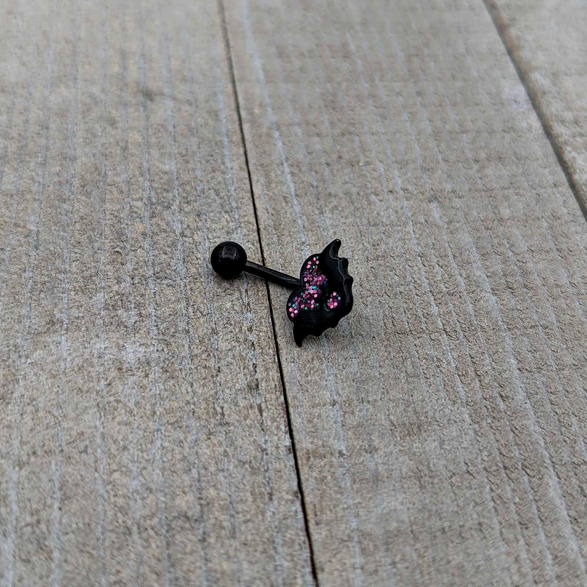Black Bat Heart Halloween Pink Green Belly Ring