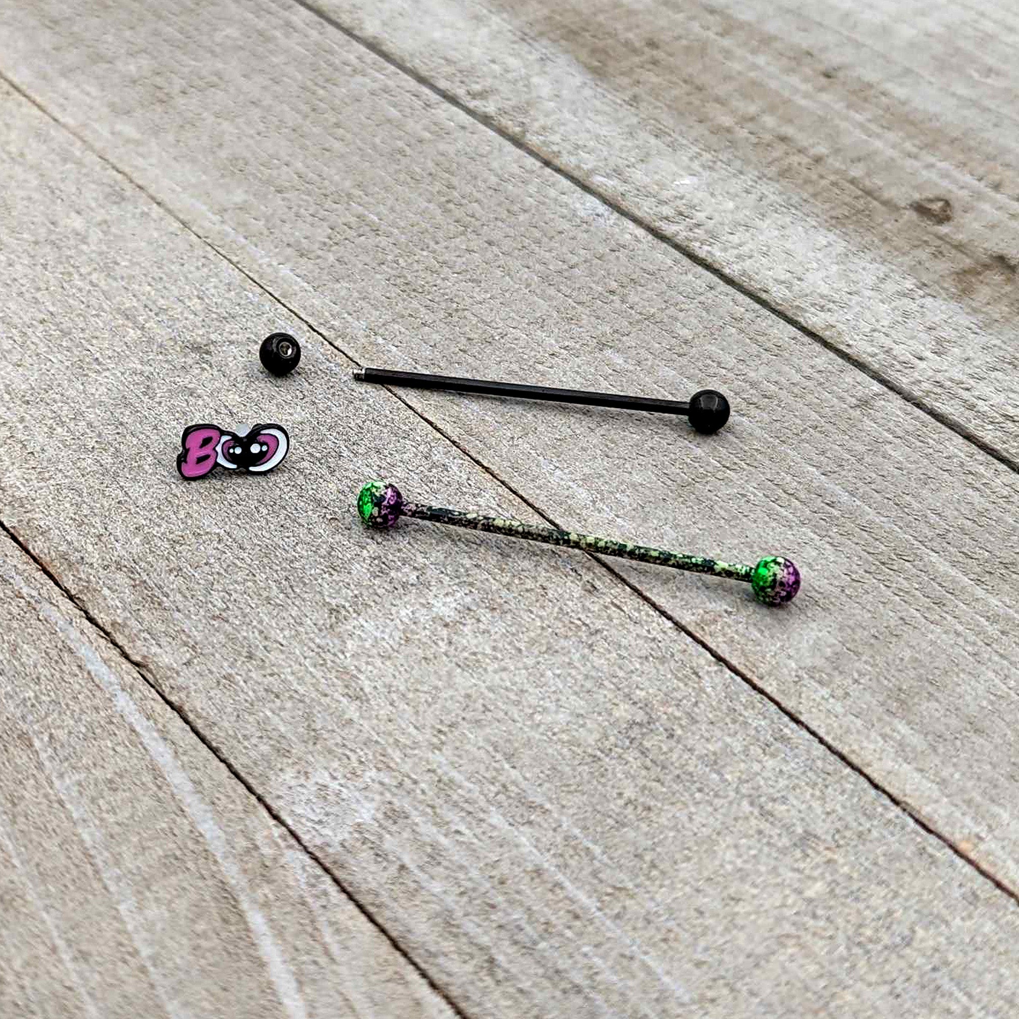 14G Black Halloween Pink Boo Green Industrial Barbell 38mm Set of 2