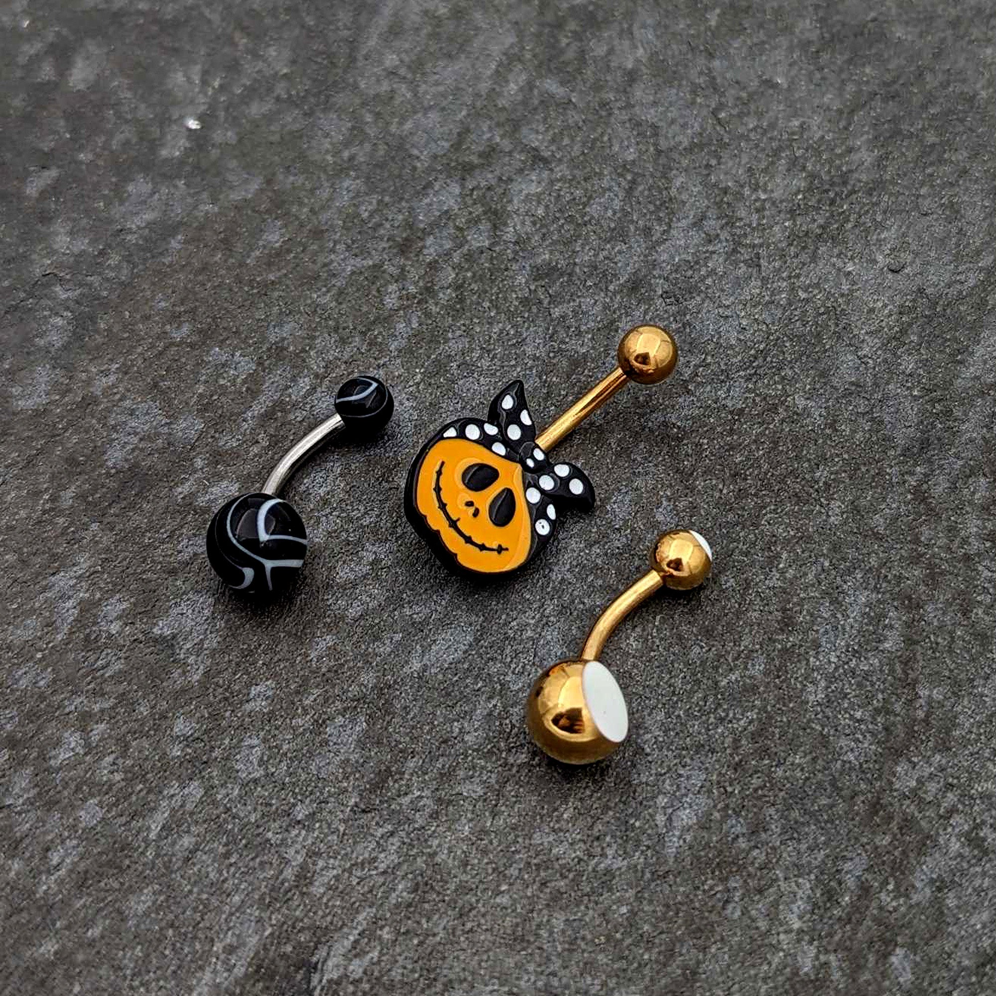 Gold Tone Halloween Country Pumpkin Glow in Dark Belly Ring Set of 3
