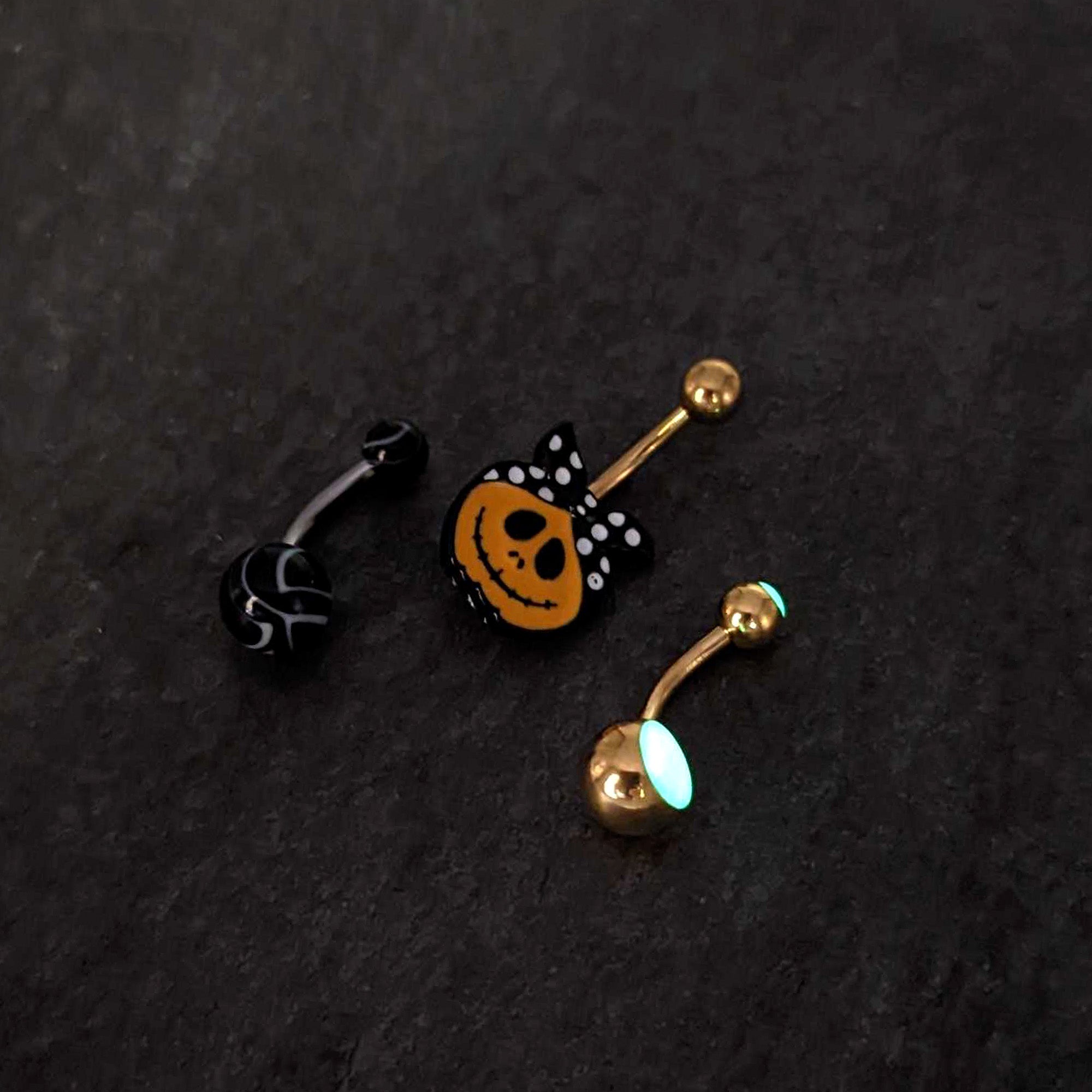 Gold Tone Halloween Country Pumpkin Glow in Dark Belly Ring Set of 3