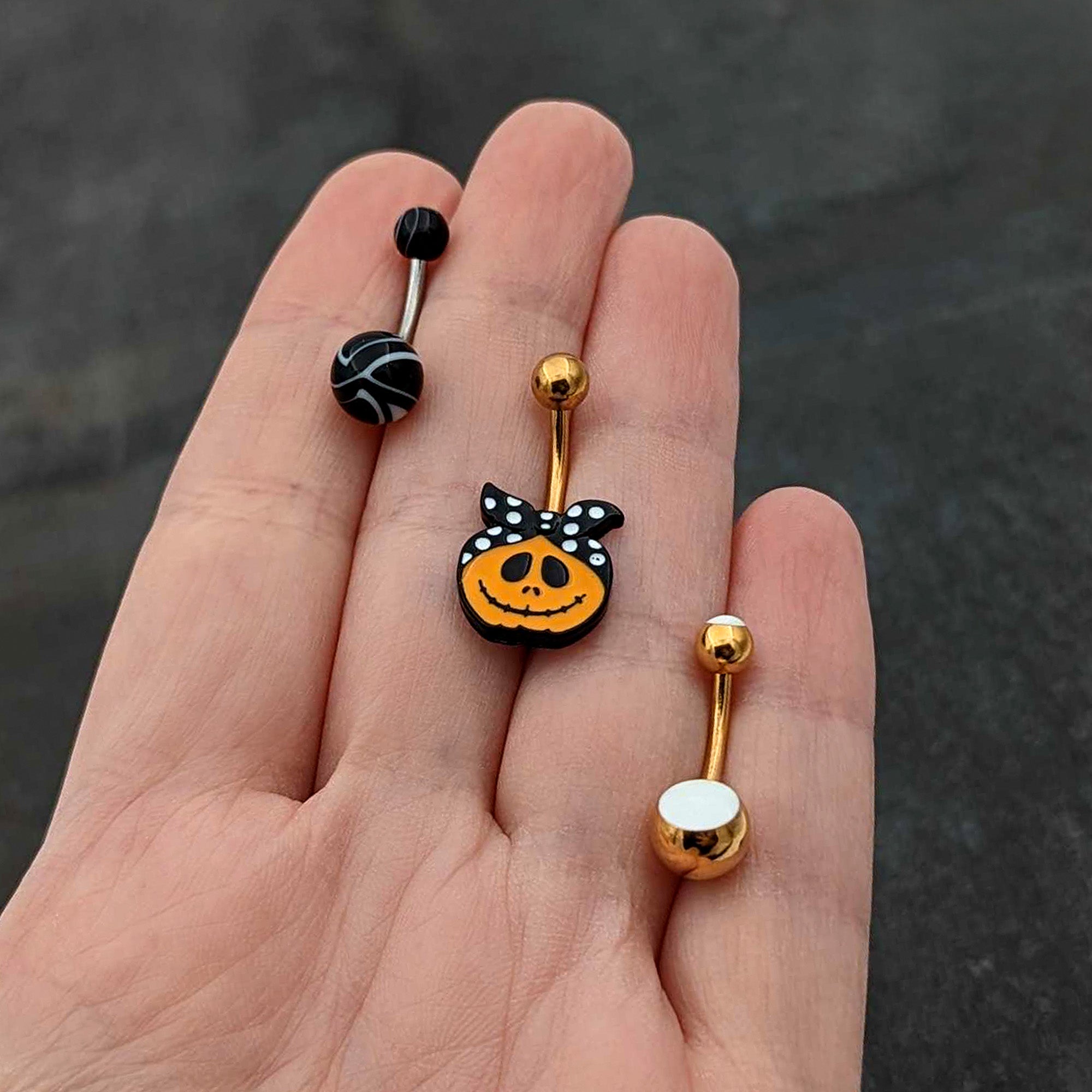 Gold Tone Halloween Country Pumpkin Glow in Dark Belly Ring Set of 3