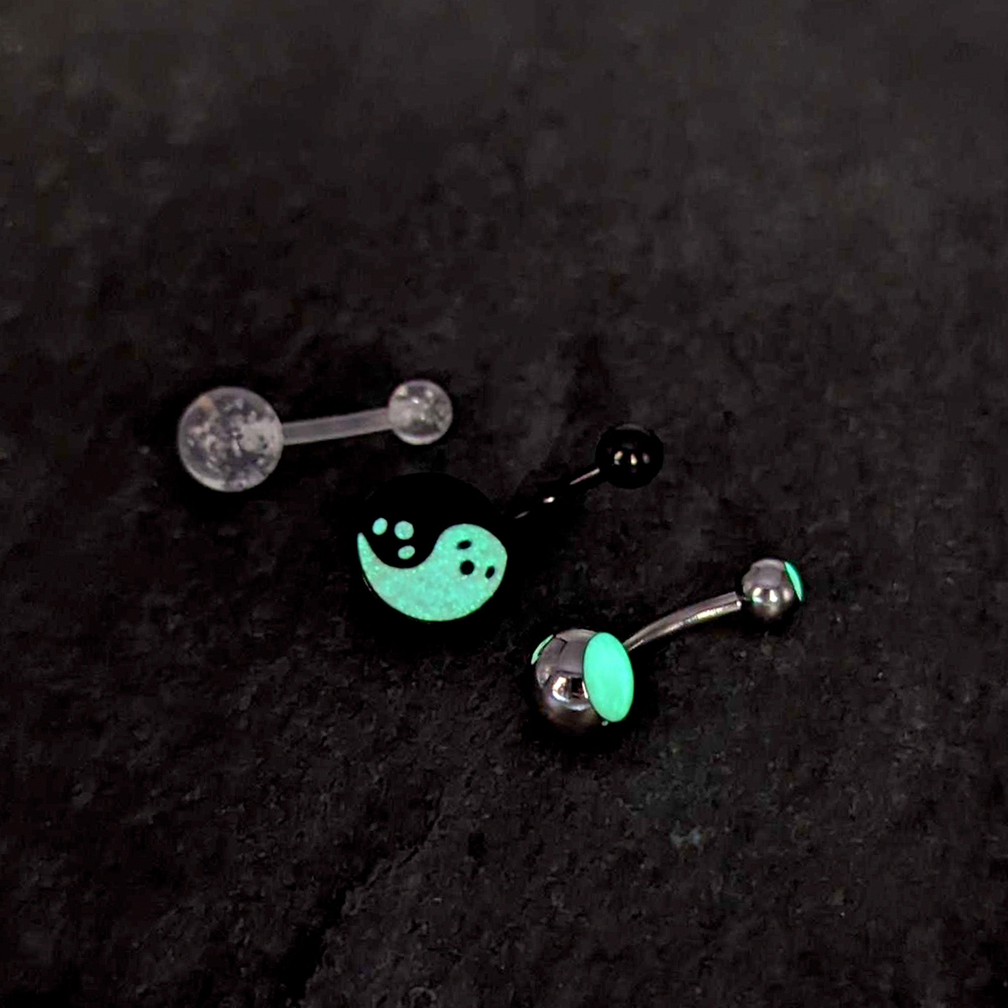 Black Yin Yang Ghost Glow in Dark Halloween Clear Belly Ring Set of 3