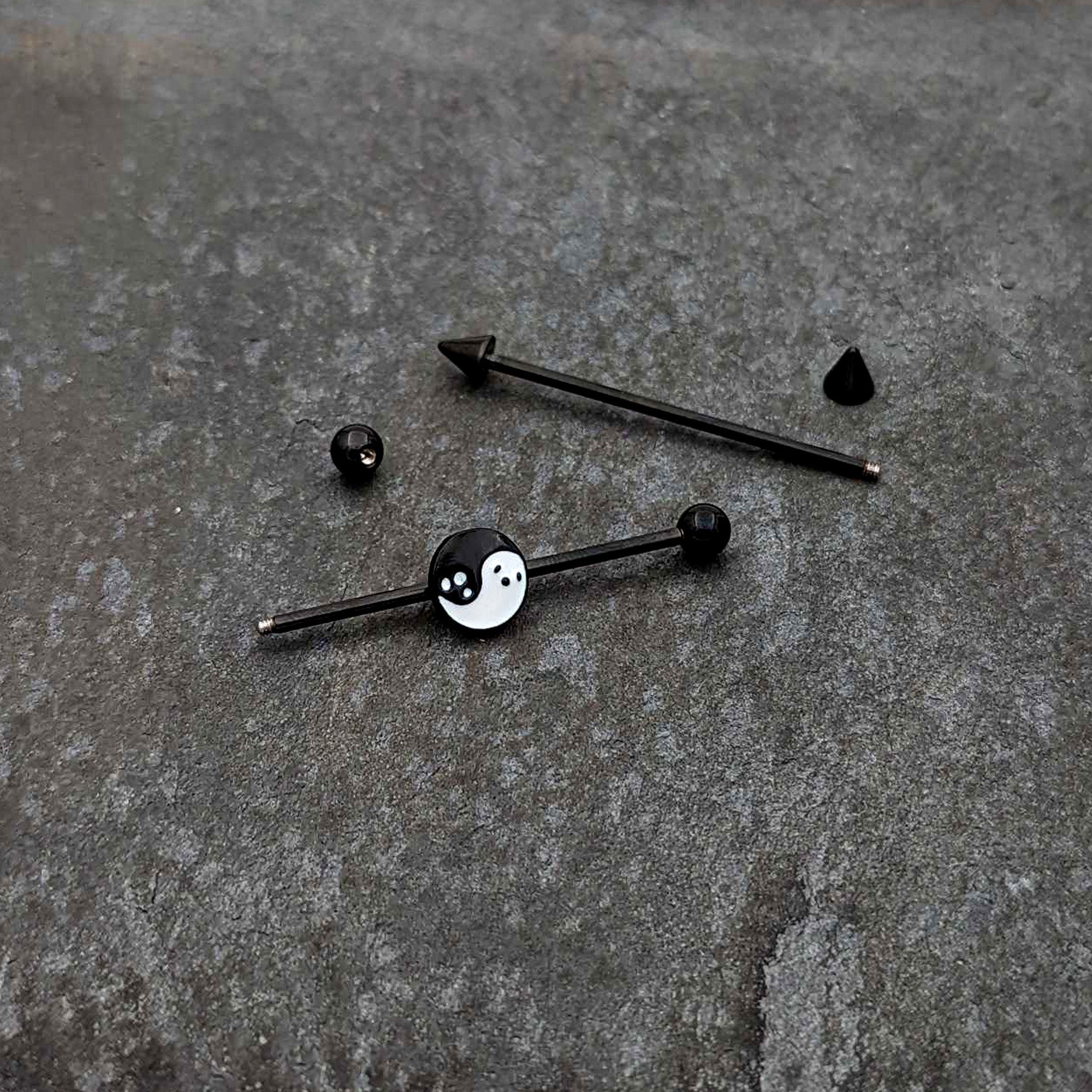 14G Black Ghost Yin Yang Industrial Barbell Set of 2