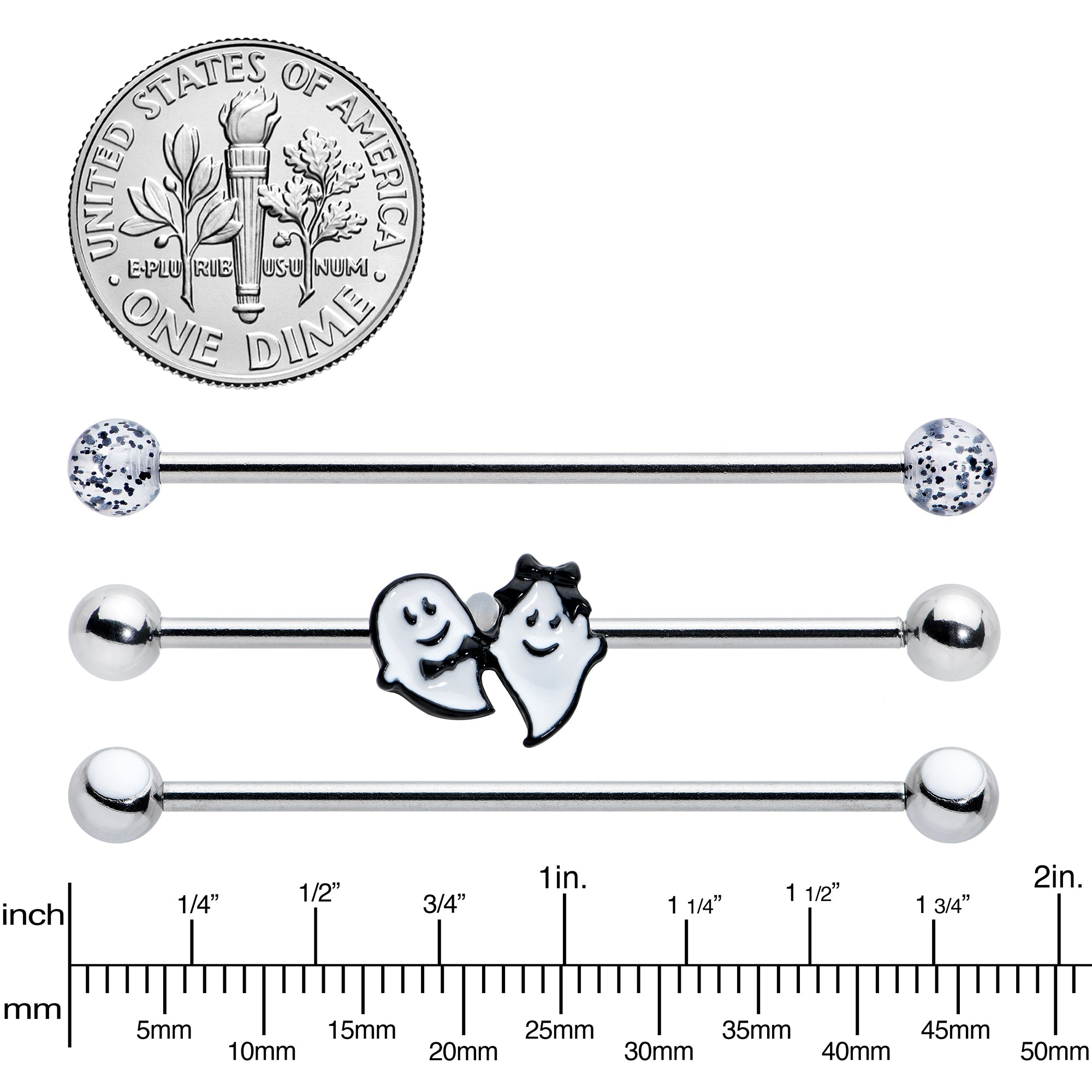 14G Black Tie Ghosts Glow in Dark Industrial Barbell 38mm Set of 3