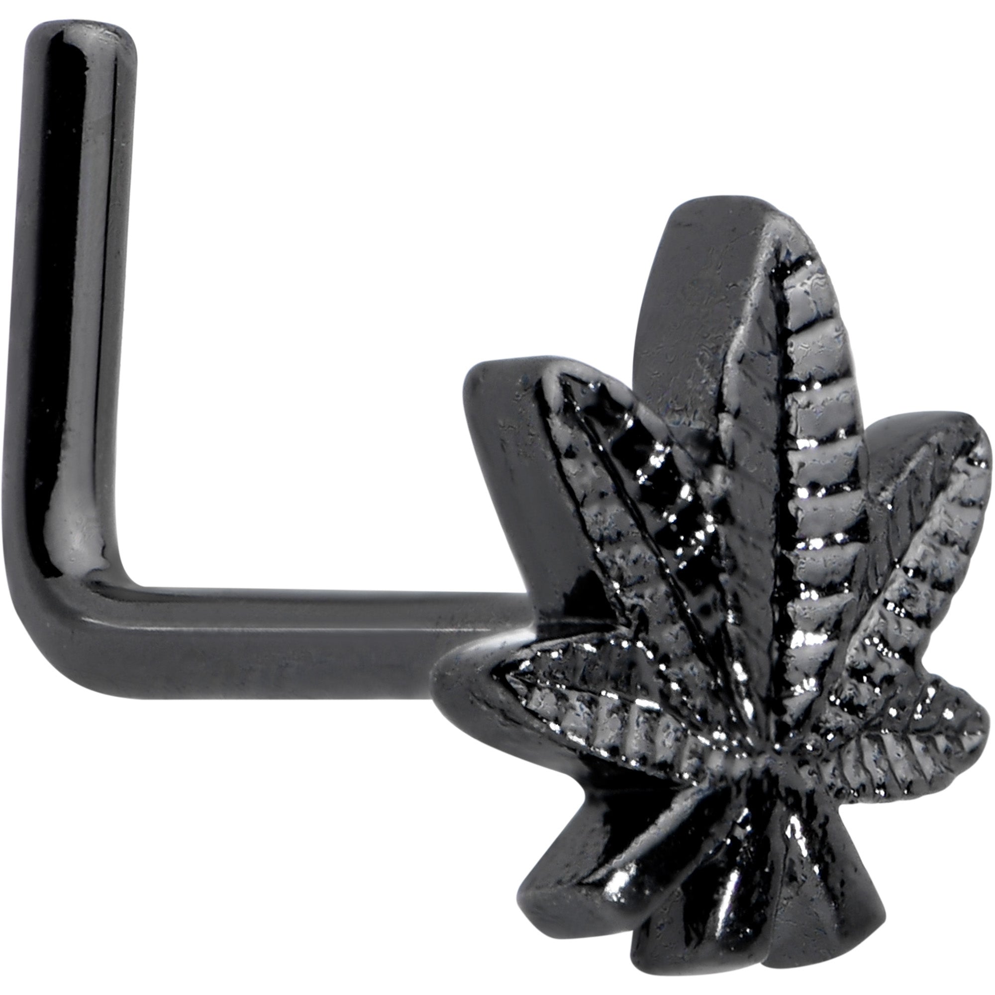 20G 1/4 Black Texture Pot Leaf L Shape Nose Ring