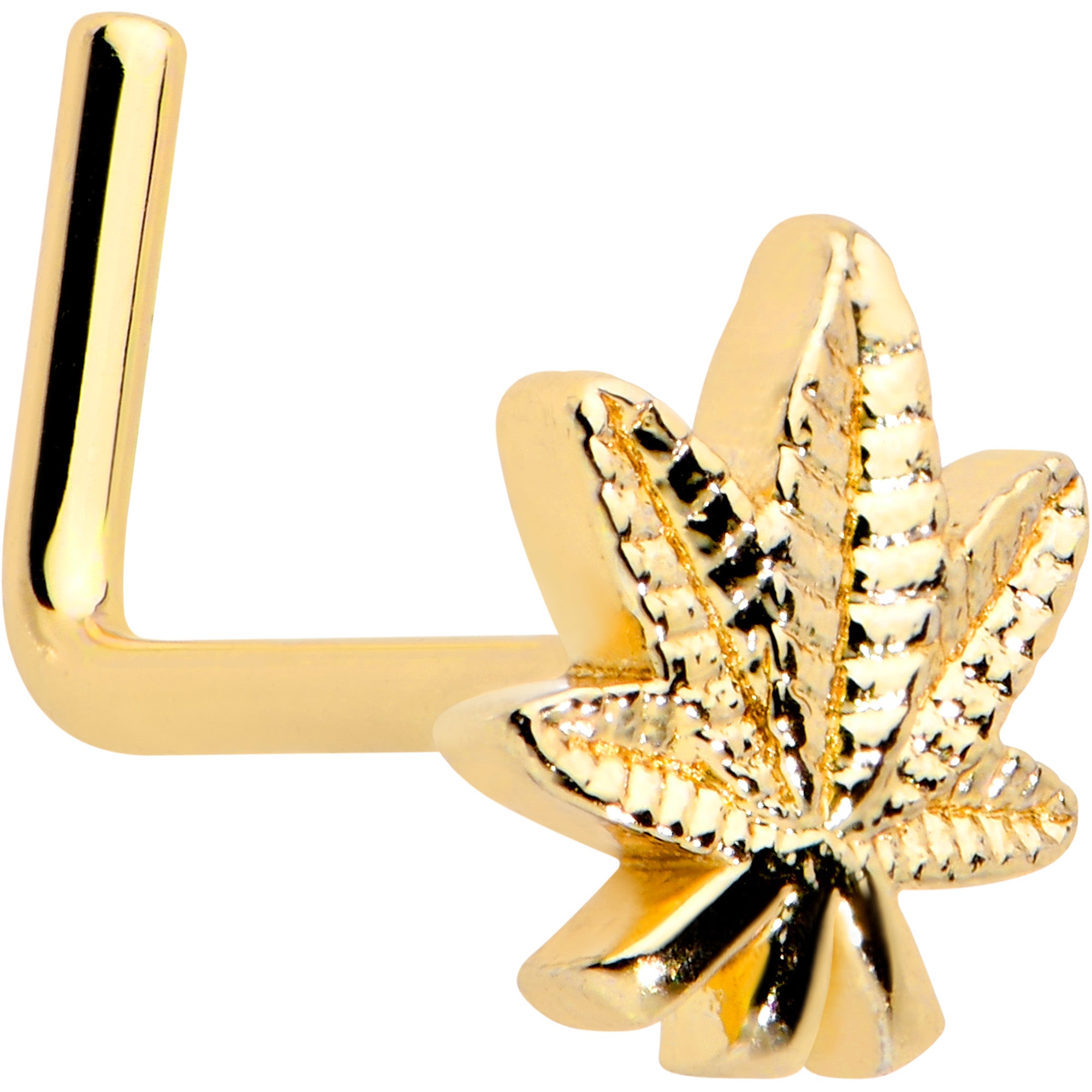 20G 1/4 Gold Tone Texture Pot Leaf L Shape Nose Ring