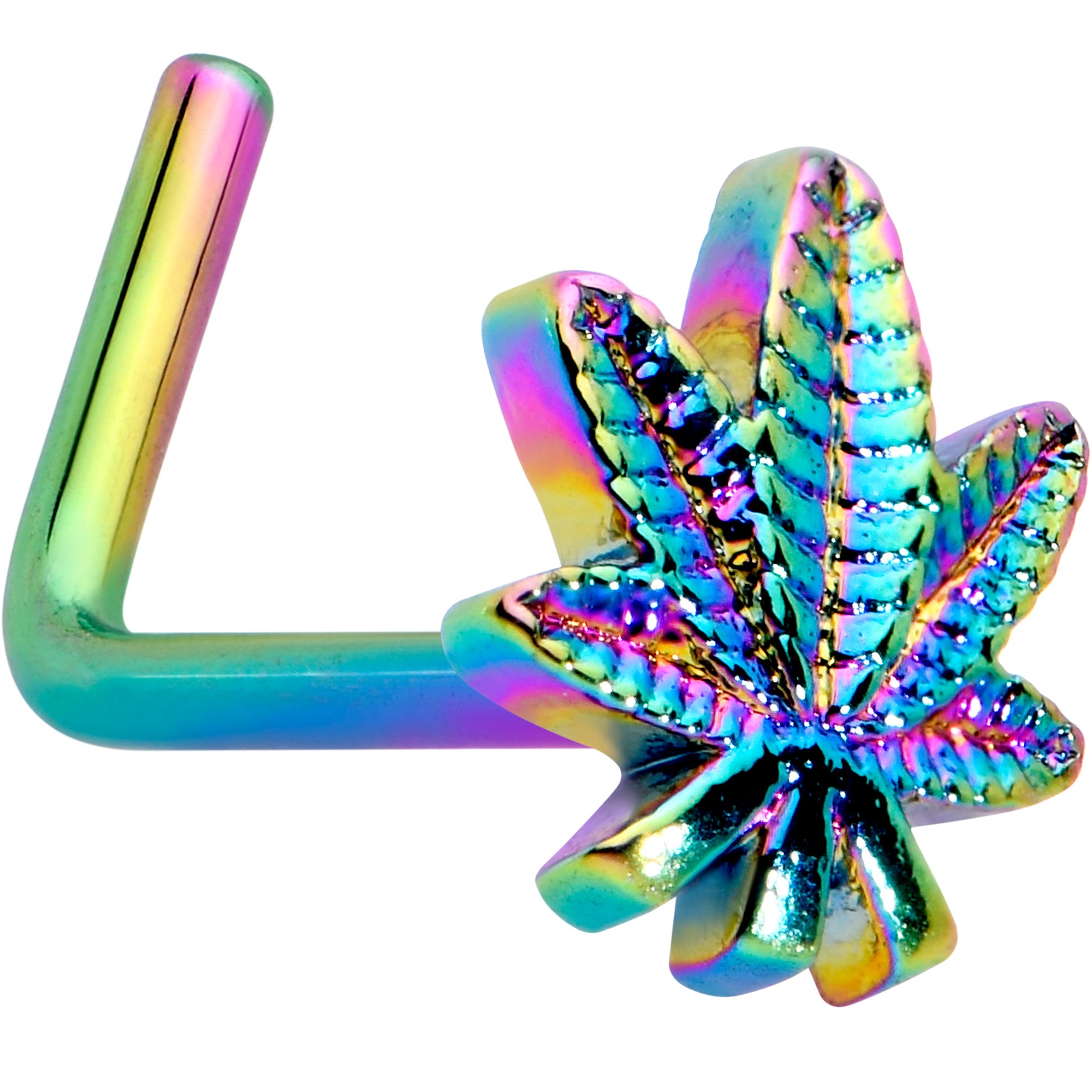 20G 1/4 Rainbow Anodized Texture Pot Leaf L Shape Nose Ring