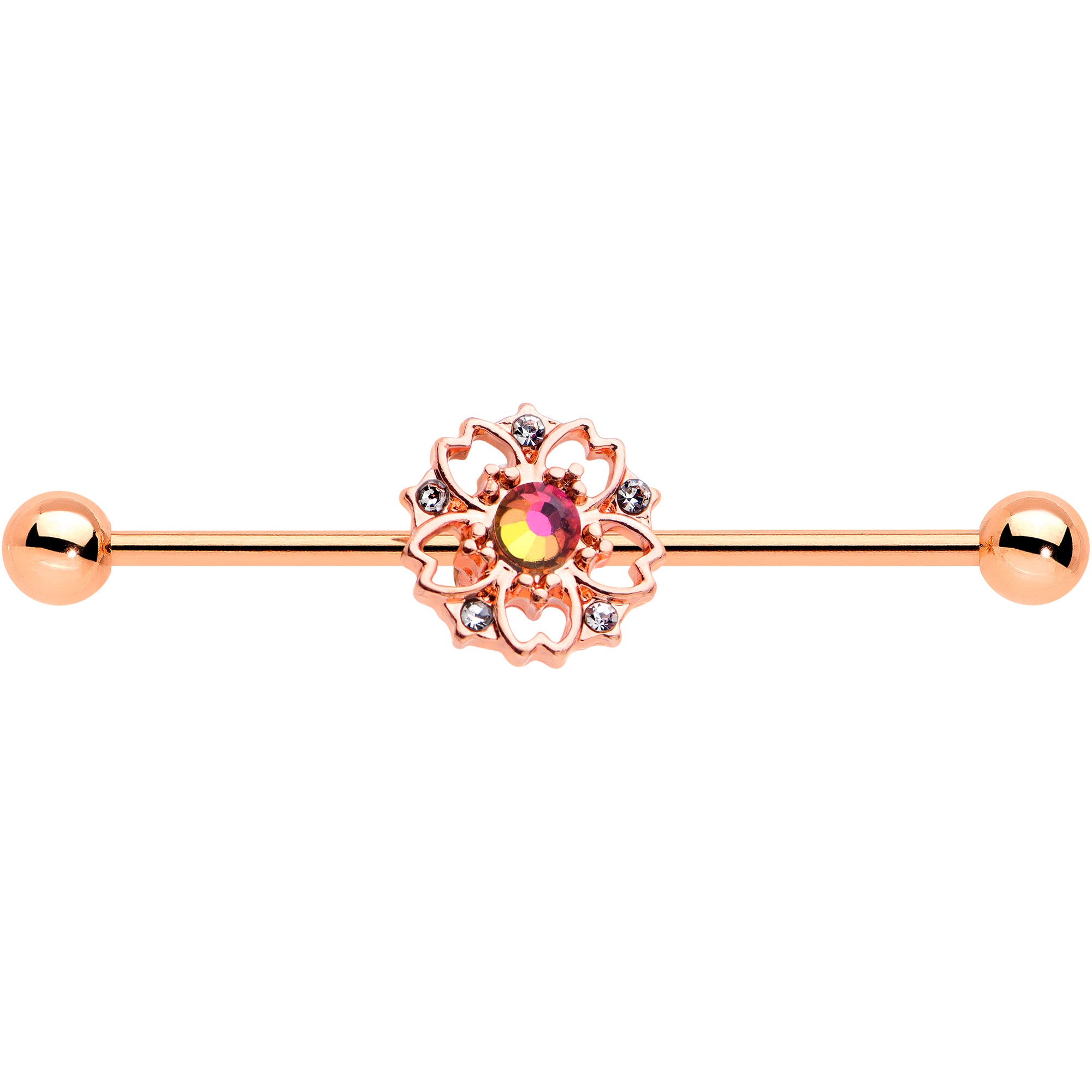 14G Dark Aurora Gem Rose Gold Tone Flower Industrial Barbell 38mm