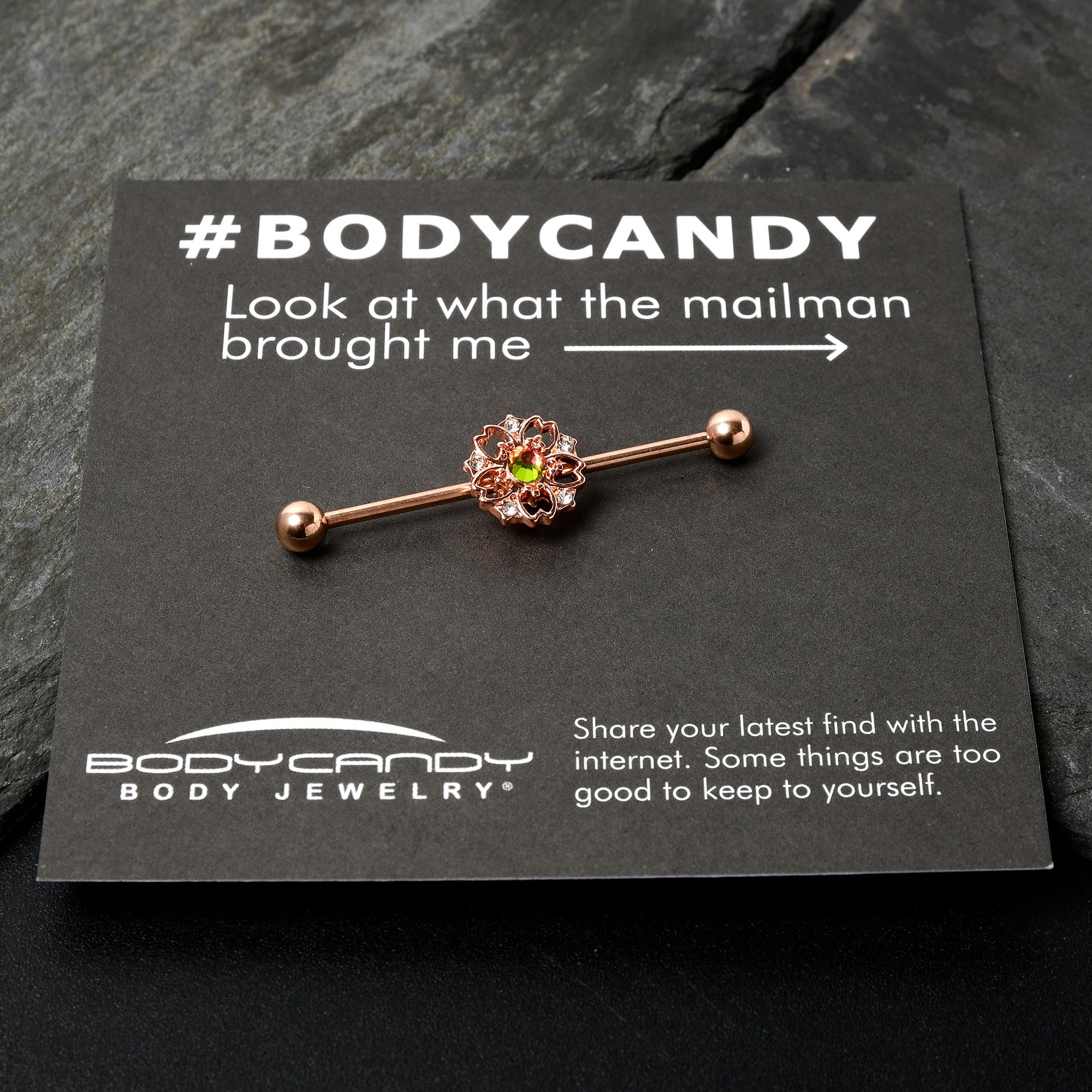 14G Dark Aurora Gem Rose Gold Tone Flower Industrial Barbell 38mm