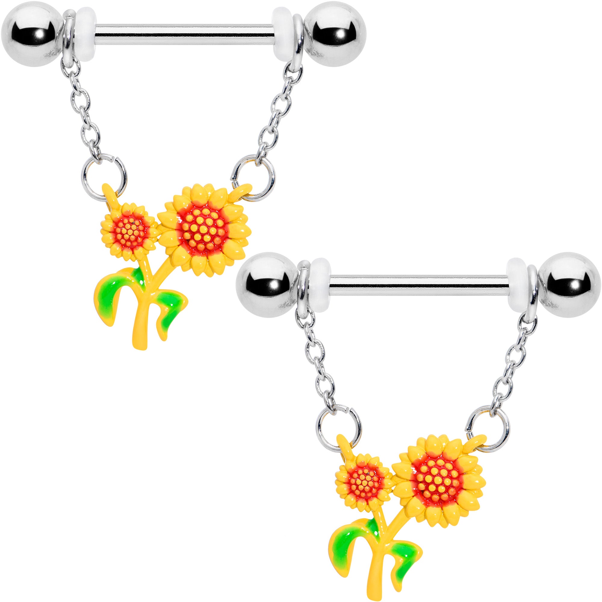 14G 9/16 Happy Sunflower Duo Chain Dangle Nipple Ring Set