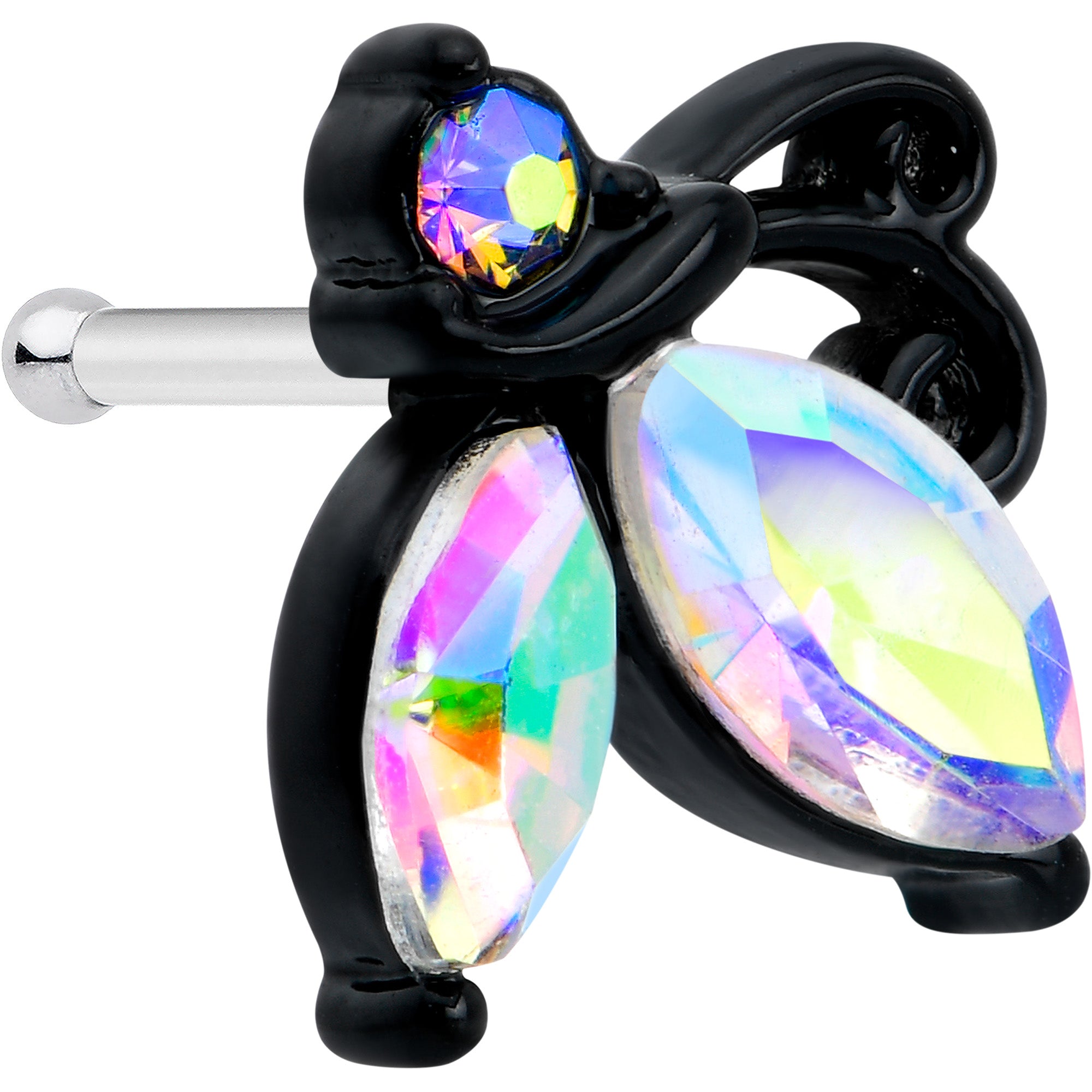 20G 1/4 Aurora CZ Gem Fleur de Lis Butterfly Black Nose Bone