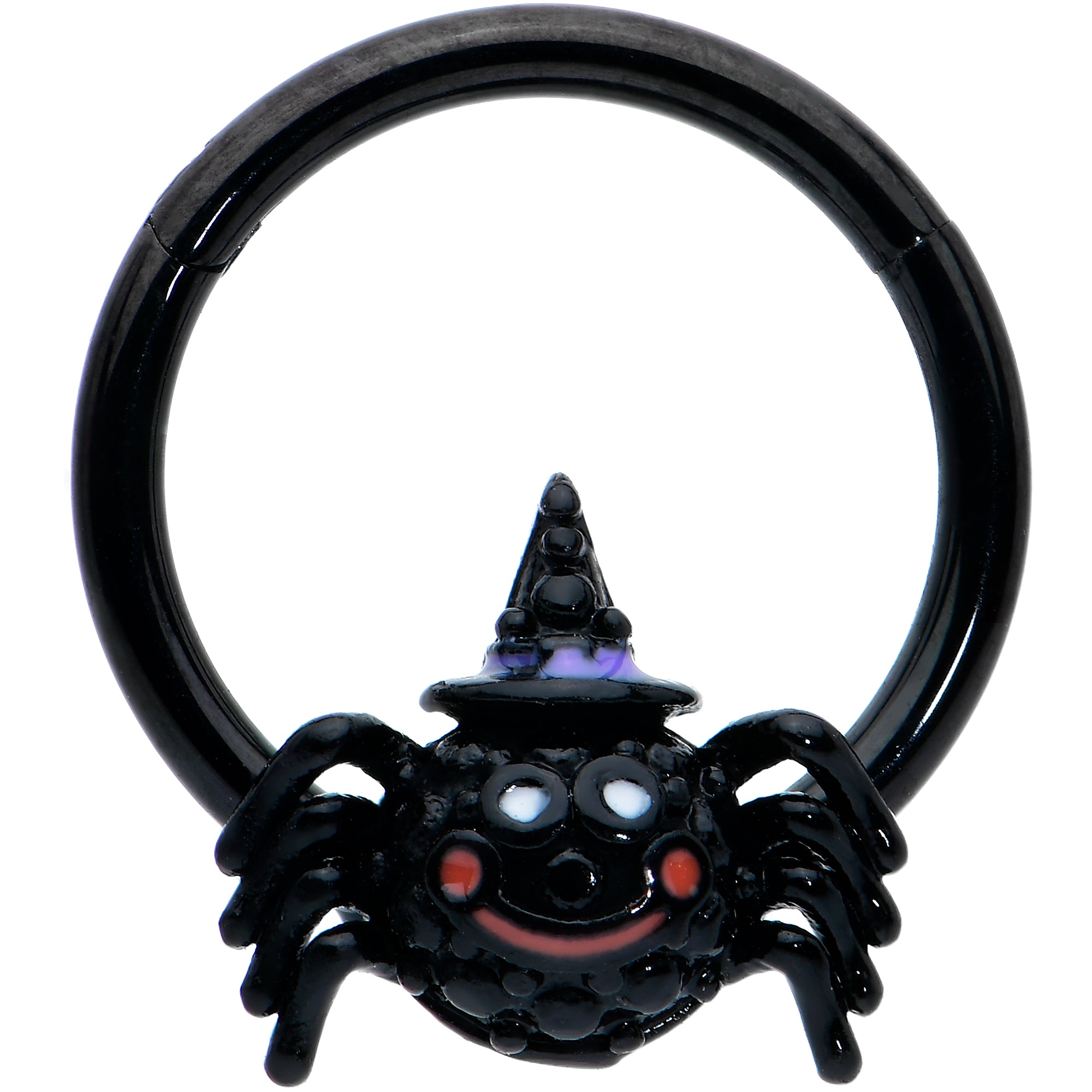 16G 3/8 Black Halloween Smiling Spider Witch Hinged Segment Ring
