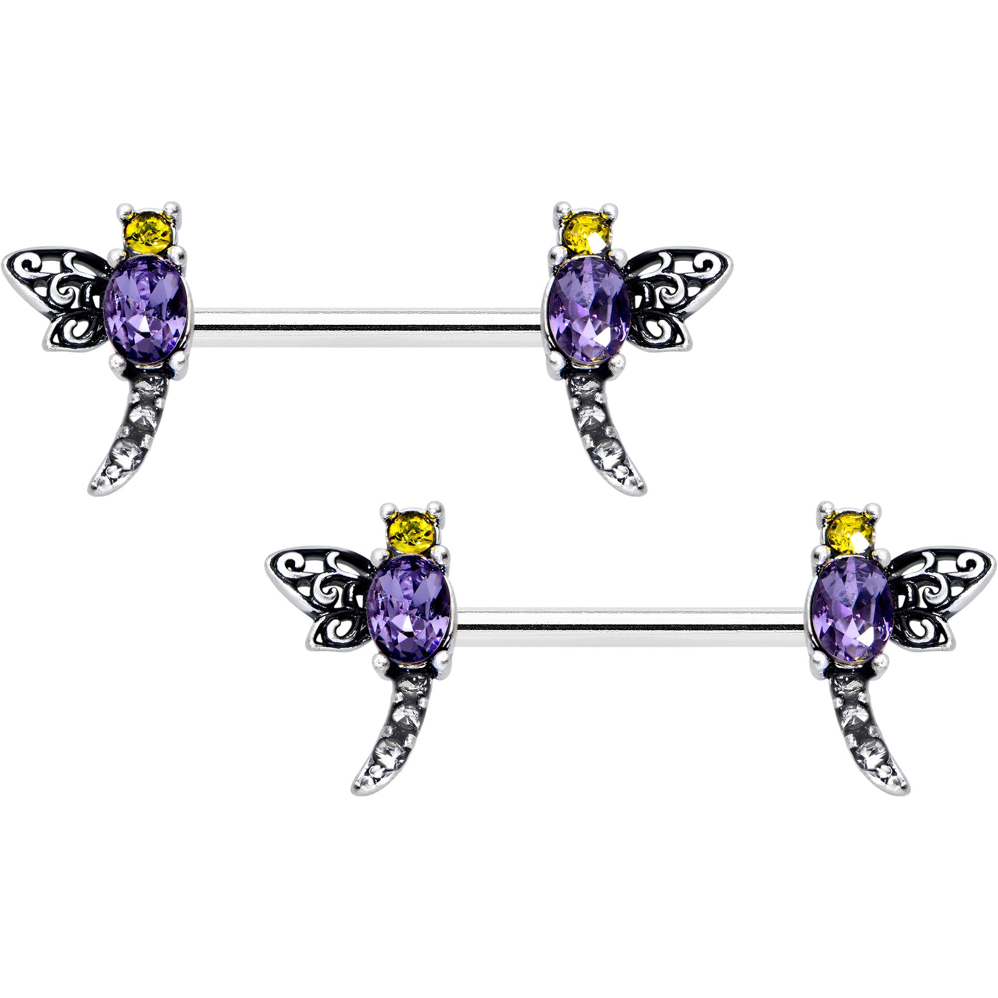 14G 9/16 Purple Yellow Gem Dragonfly Barbell Nipple Ring Set