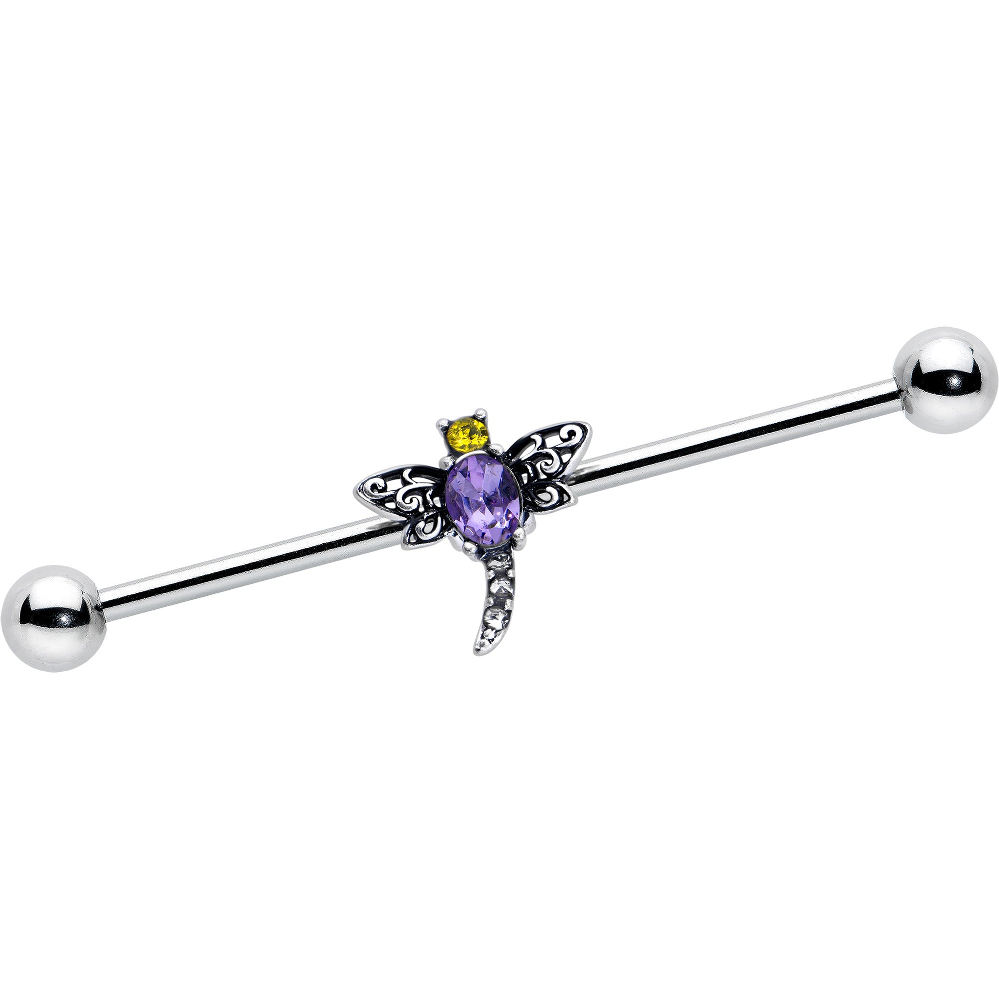 14G Purple Yellow Gem Dragonfly Industrial Barbell 38mm