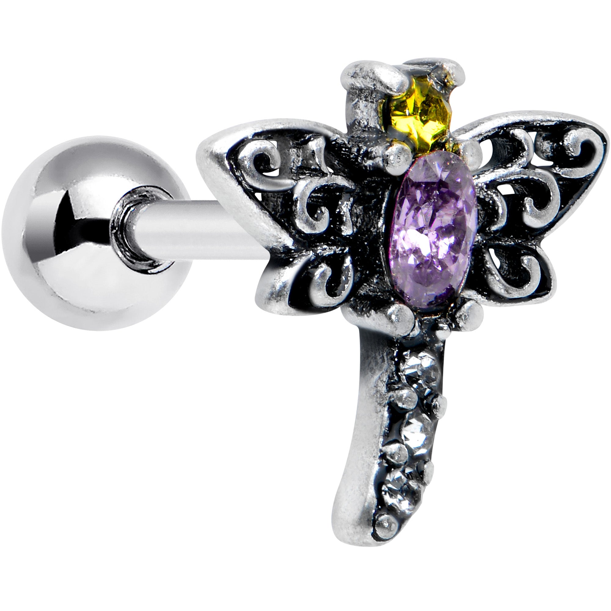 16G 1/4 Yellow Purple Gem Dragonfly Cartilage Tragus Earring