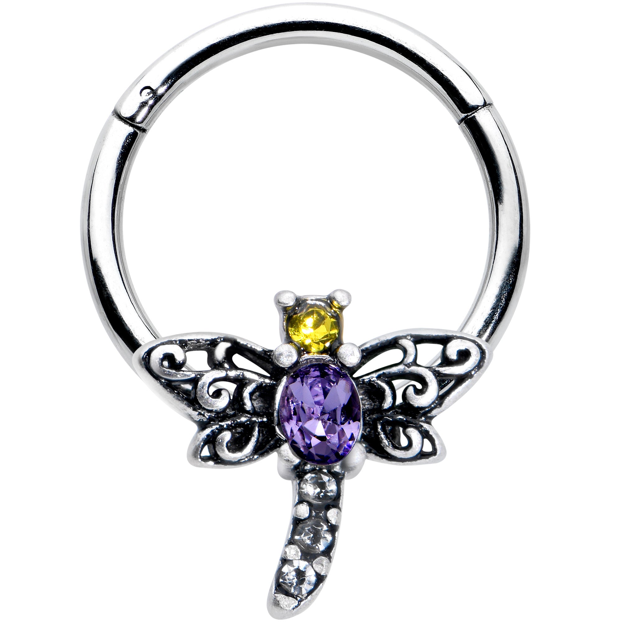 16G 3/8 Purple Yellow Gem Dragonfly Hinged Segment Ring