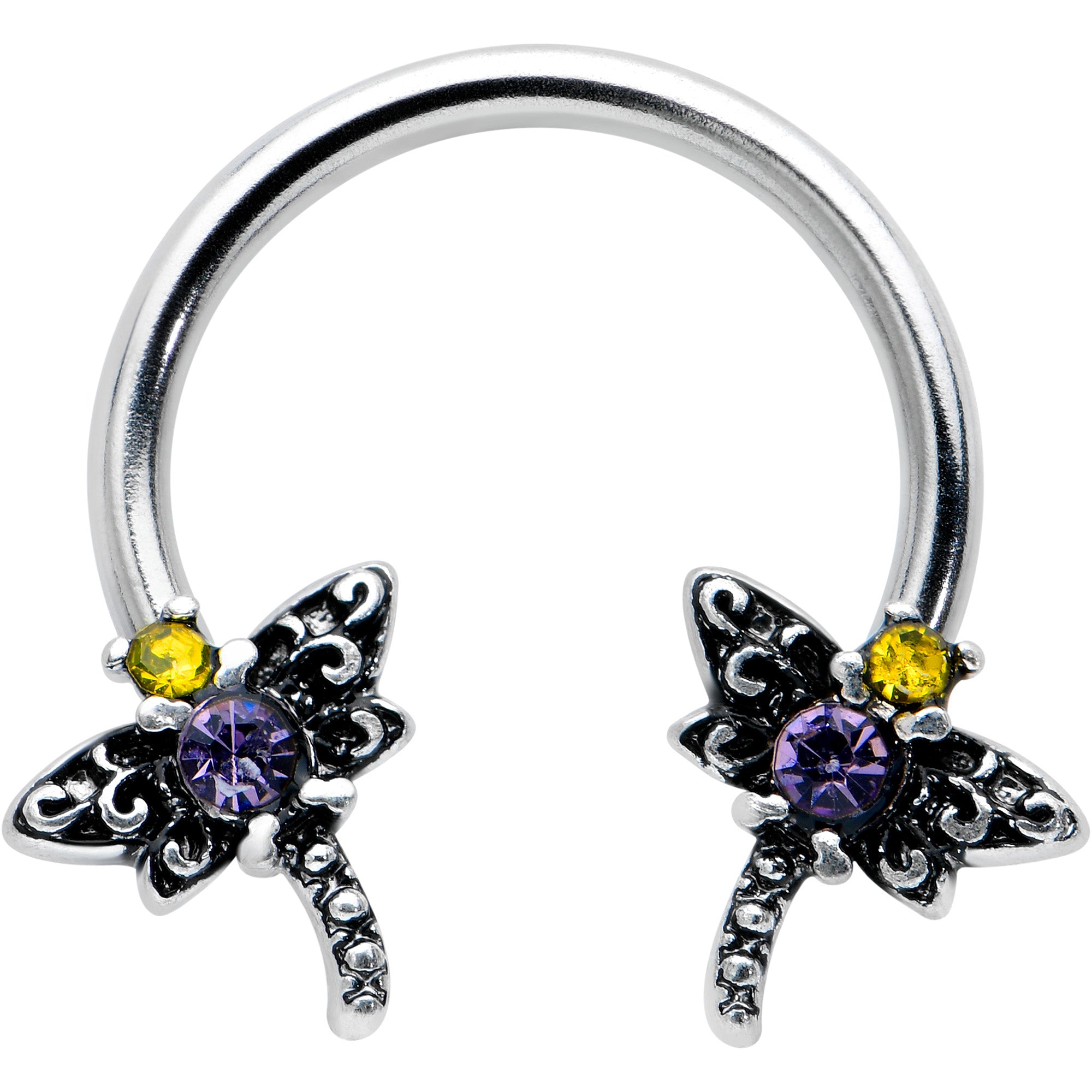 16G 3/8 Purple Yellow Gem Dragonfly Horseshoe Circular Barbell