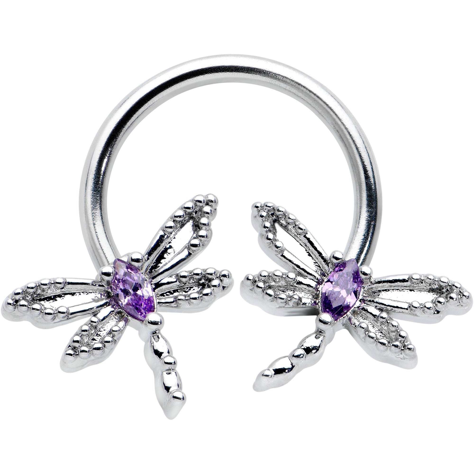 16G 3/8 Purple CZ Gem Open Dragonfly Horseshoe Circular Barbell