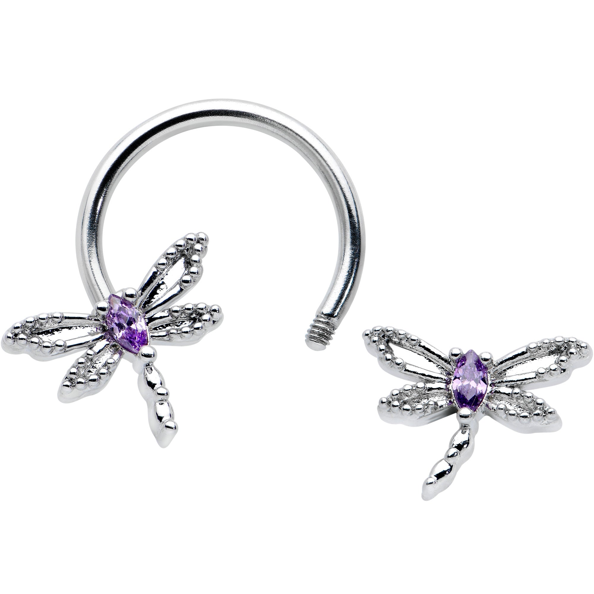16G 3/8 Purple CZ Gem Open Dragonfly Horseshoe Circular Barbell