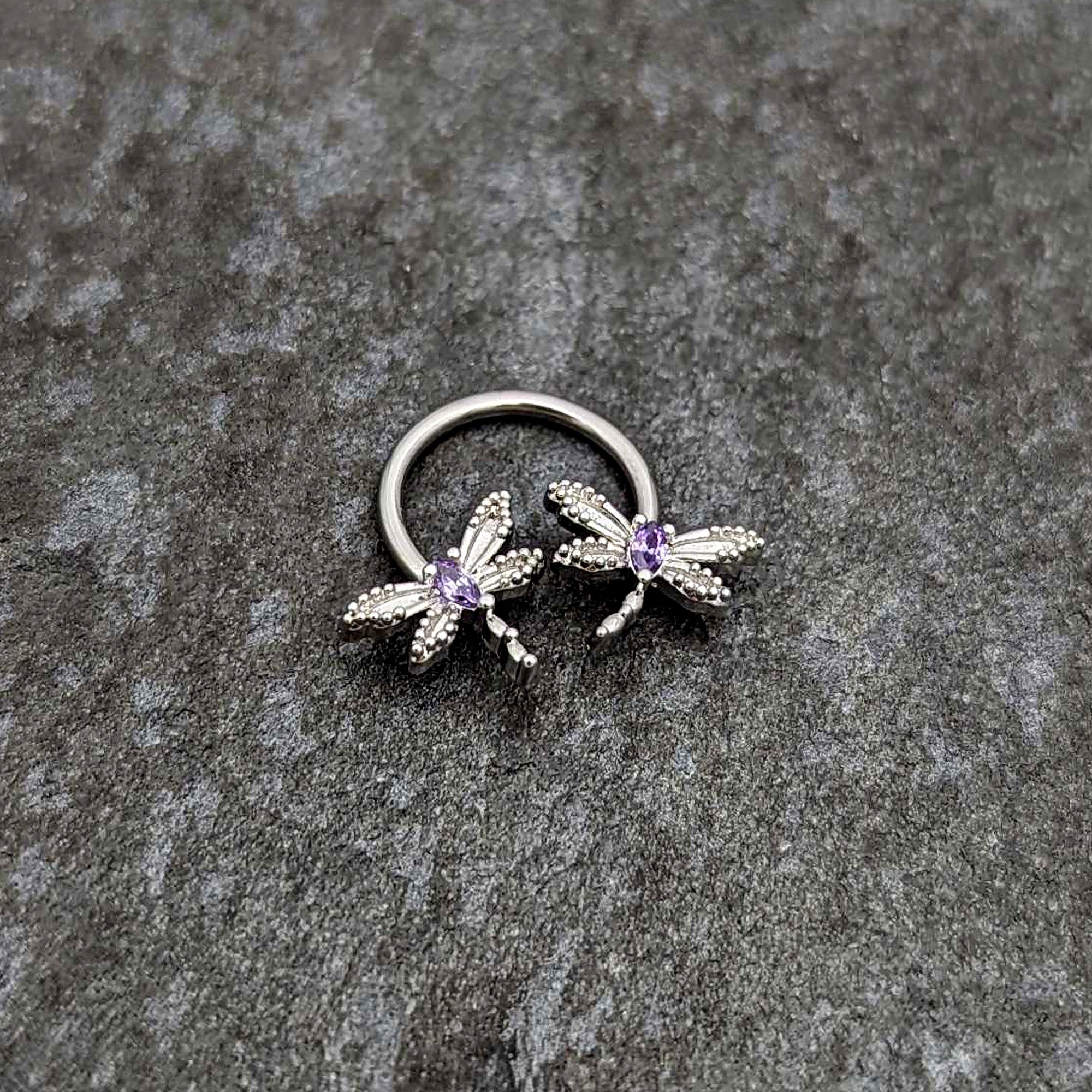 16G 3/8 Purple CZ Gem Open Dragonfly Horseshoe Circular Barbell