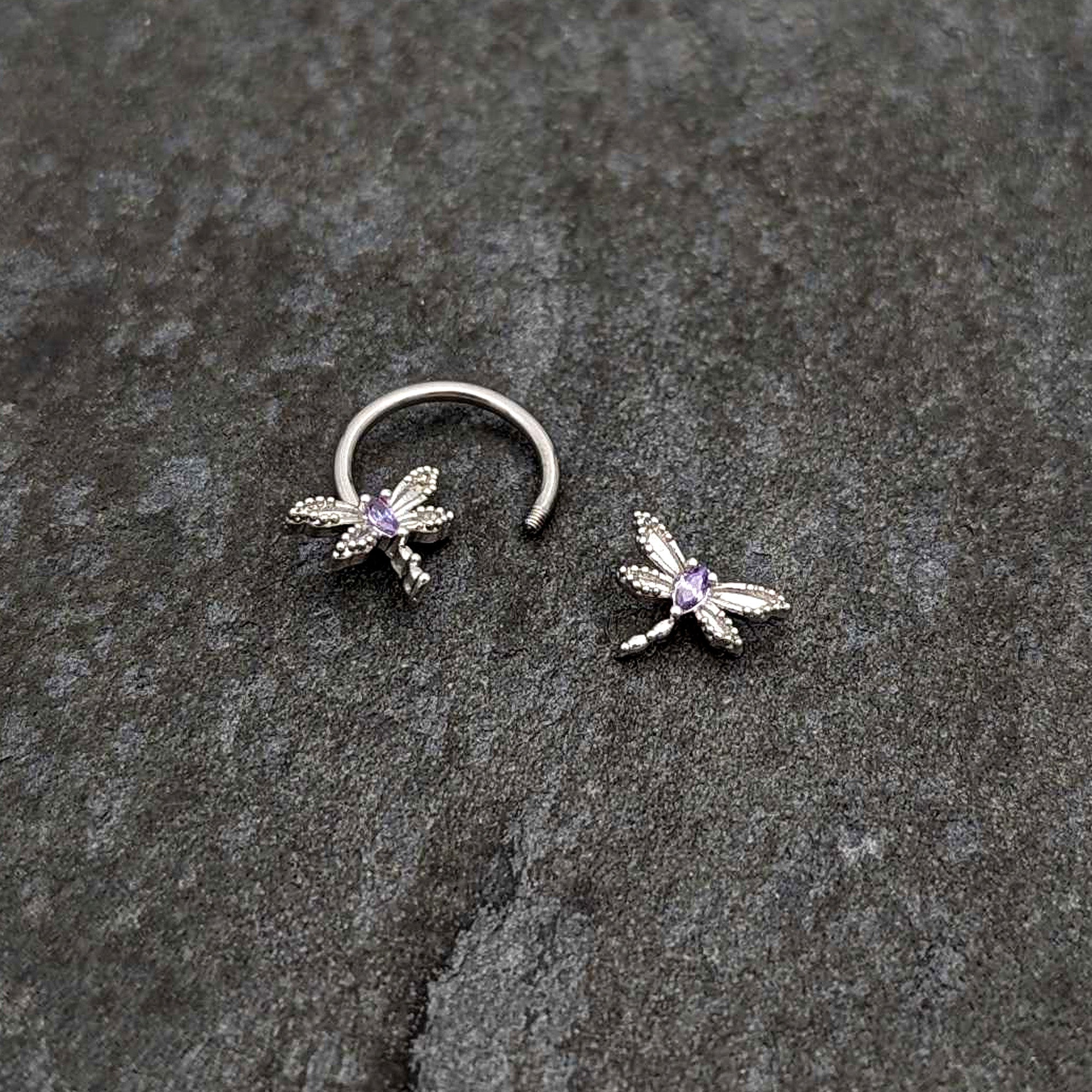 16G 3/8 Purple CZ Gem Open Dragonfly Horseshoe Circular Barbell