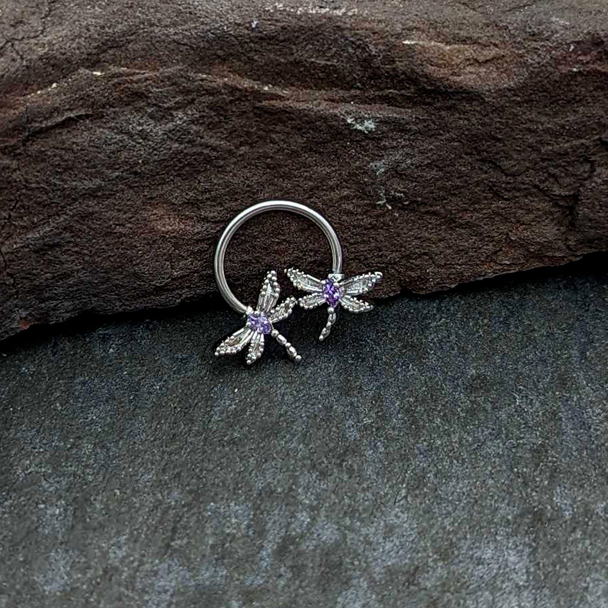 16G 3/8 Purple CZ Gem Open Dragonfly Horseshoe Circular Barbell