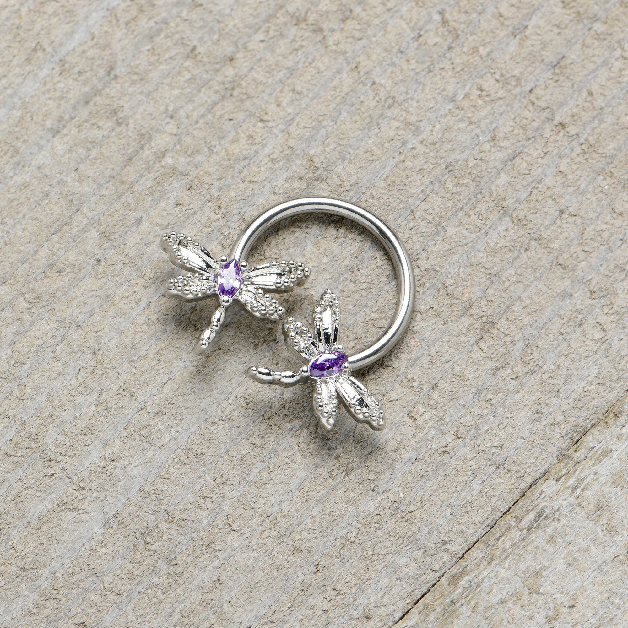 16G 3/8 Purple CZ Gem Open Dragonfly Horseshoe Circular Barbell
