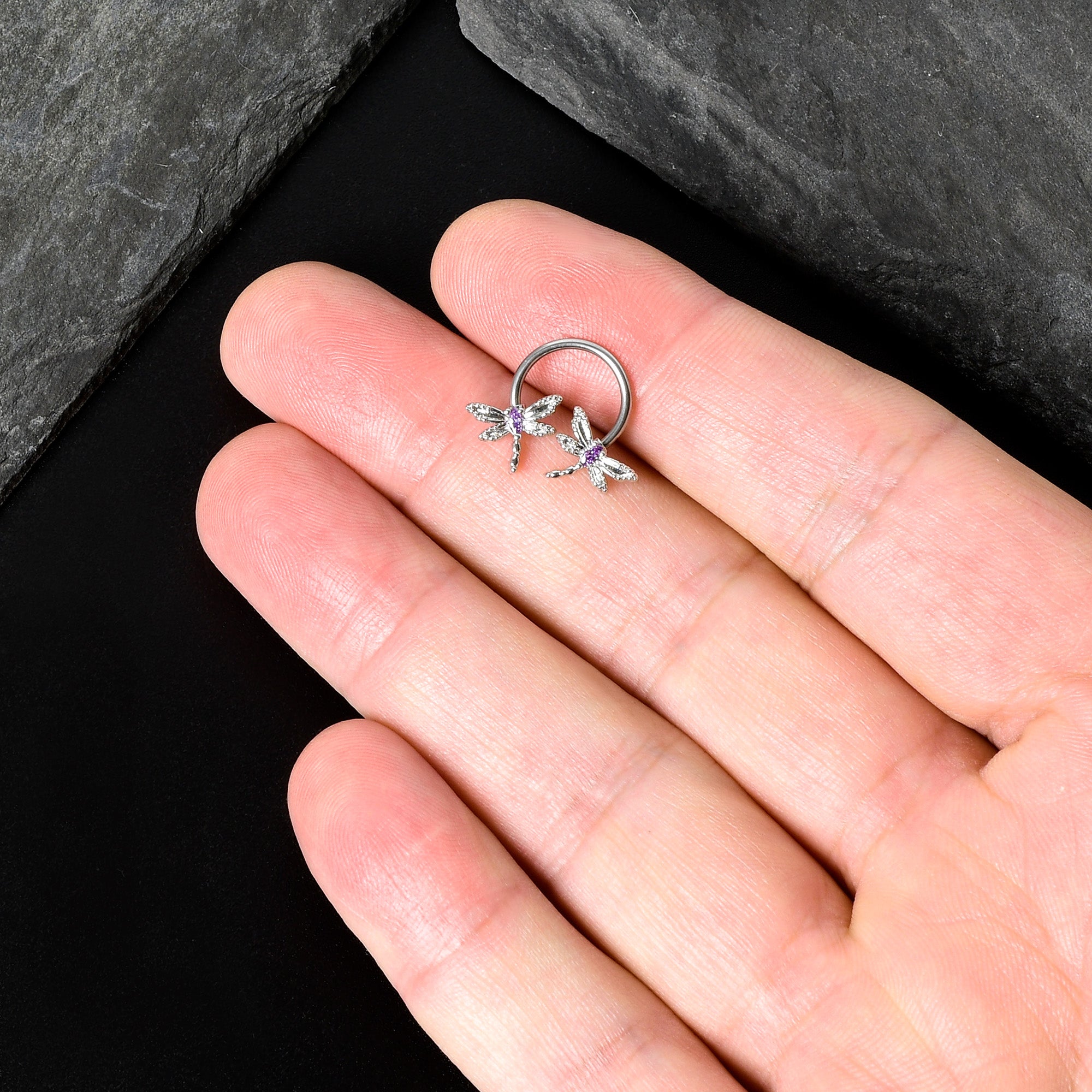 16G 3/8 Purple CZ Gem Open Dragonfly Horseshoe Circular Barbell