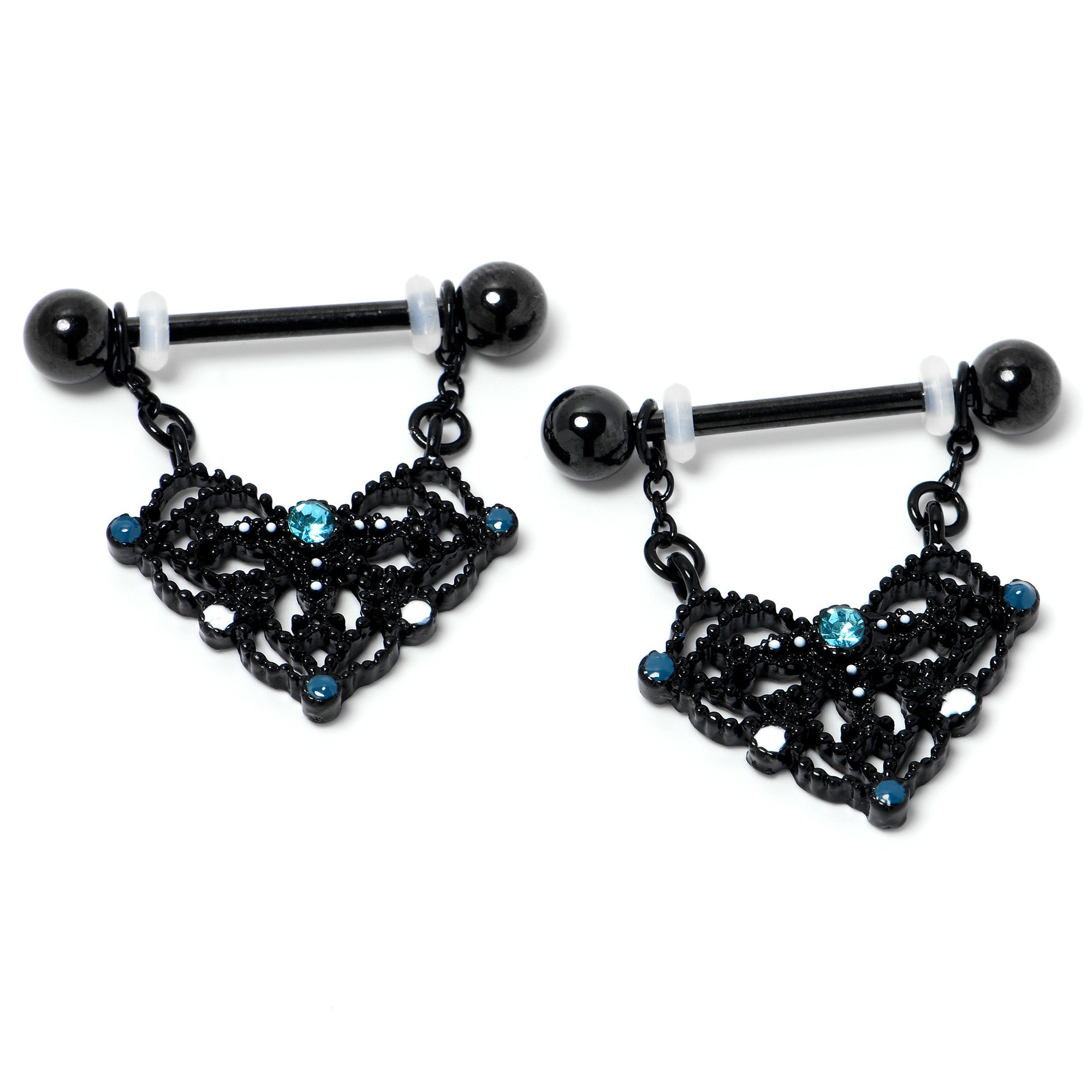 14G 9/16 Blue Gem Black Lacy Rhombus Dangle Nipple Ring Set