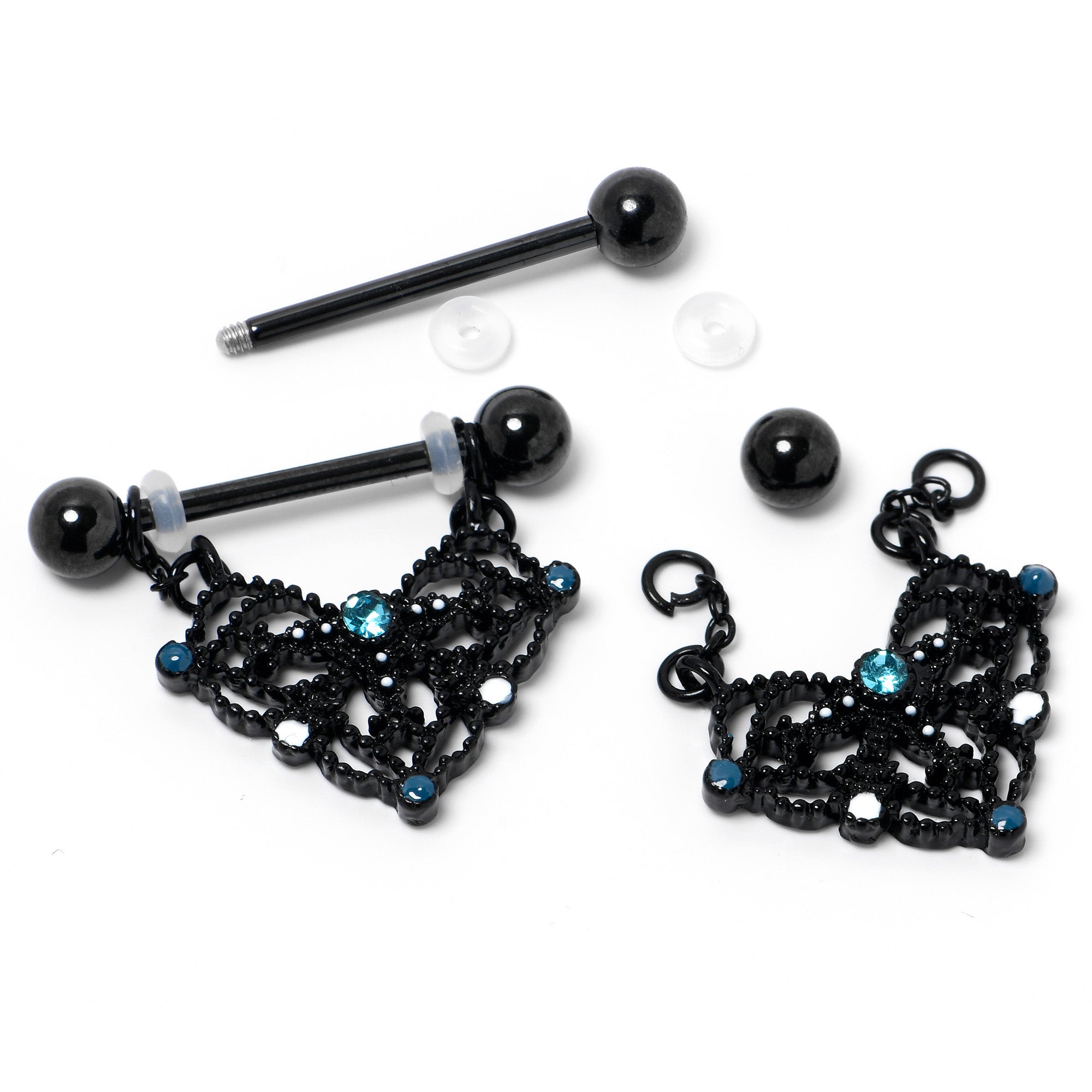 14G 9/16 Blue Gem Black Lacy Rhombus Dangle Nipple Ring Set