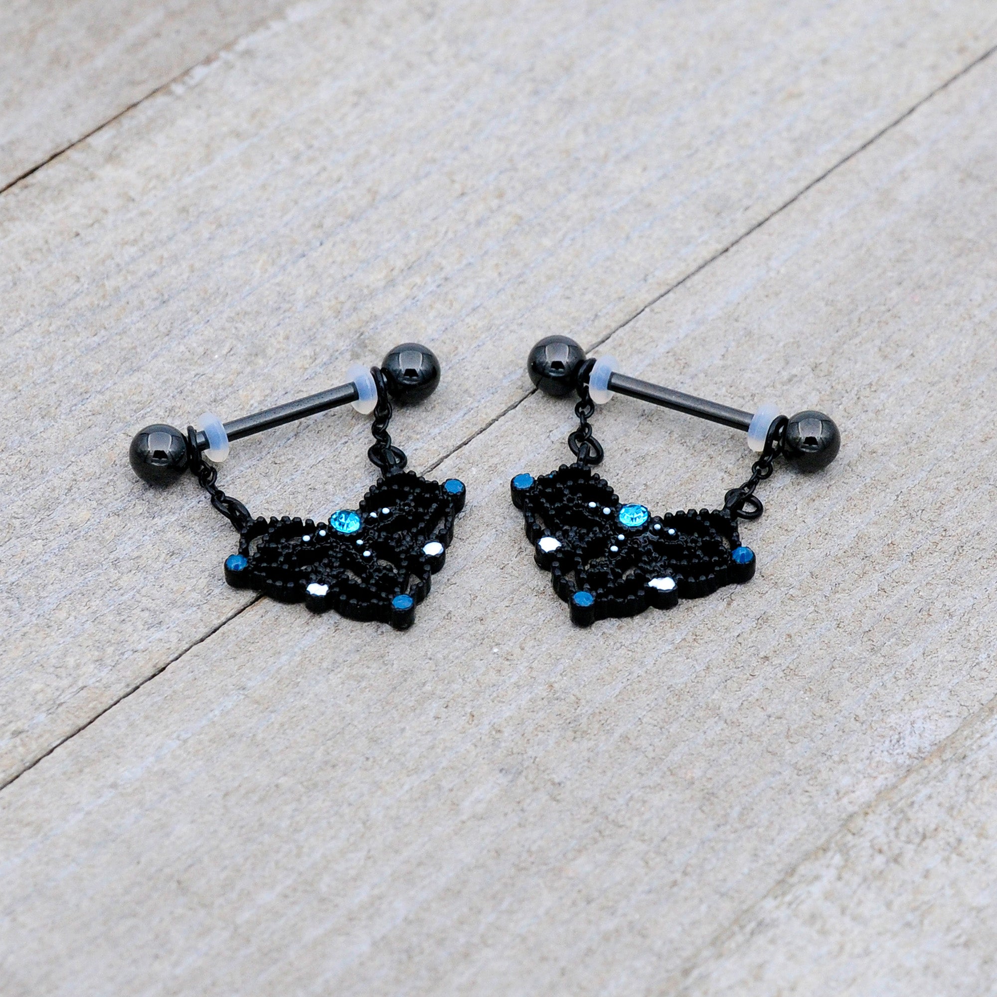 14G 9/16 Blue Gem Black Lacy Rhombus Dangle Nipple Ring Set
