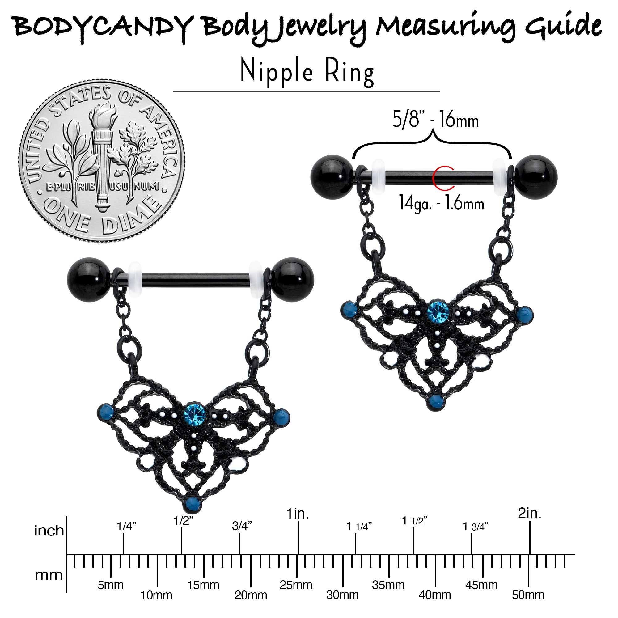 14G 9/16 Blue Gem Black Lacy Rhombus Dangle Nipple Ring Set