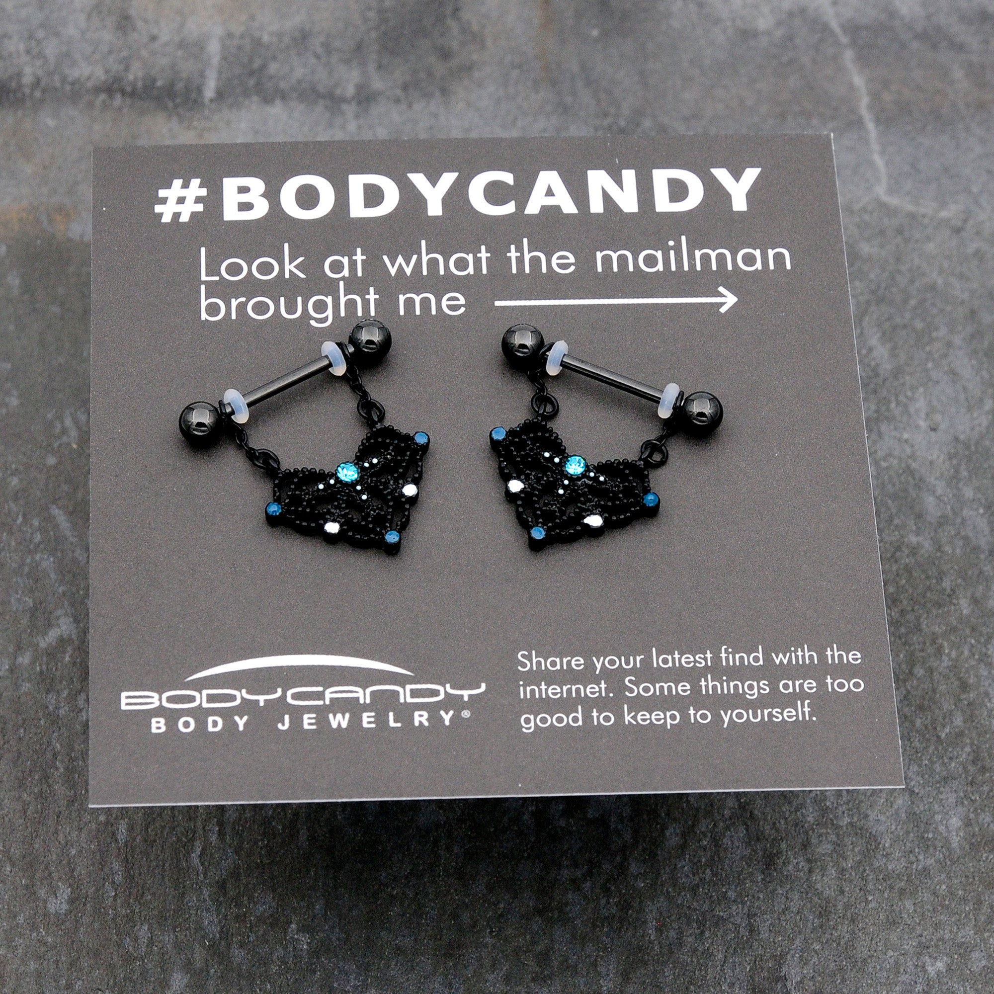 14G 9/16 Blue Gem Black Lacy Rhombus Dangle Nipple Ring Set