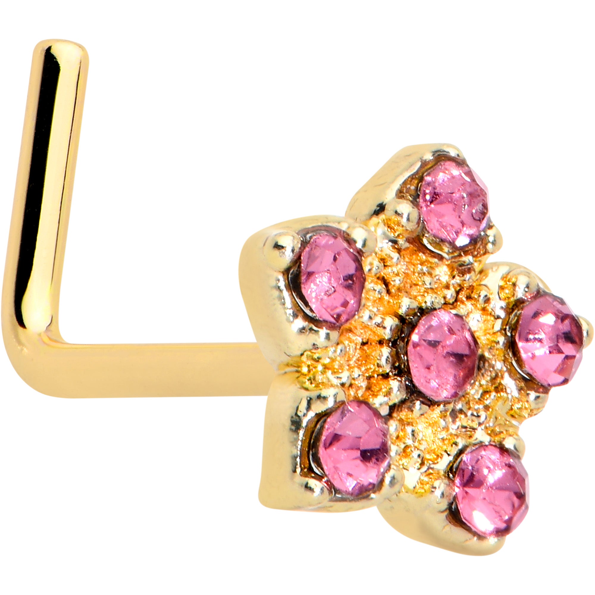 20G 7mm Pink Gem Gold Tone Texture Star Flower L Shape Nose Ring