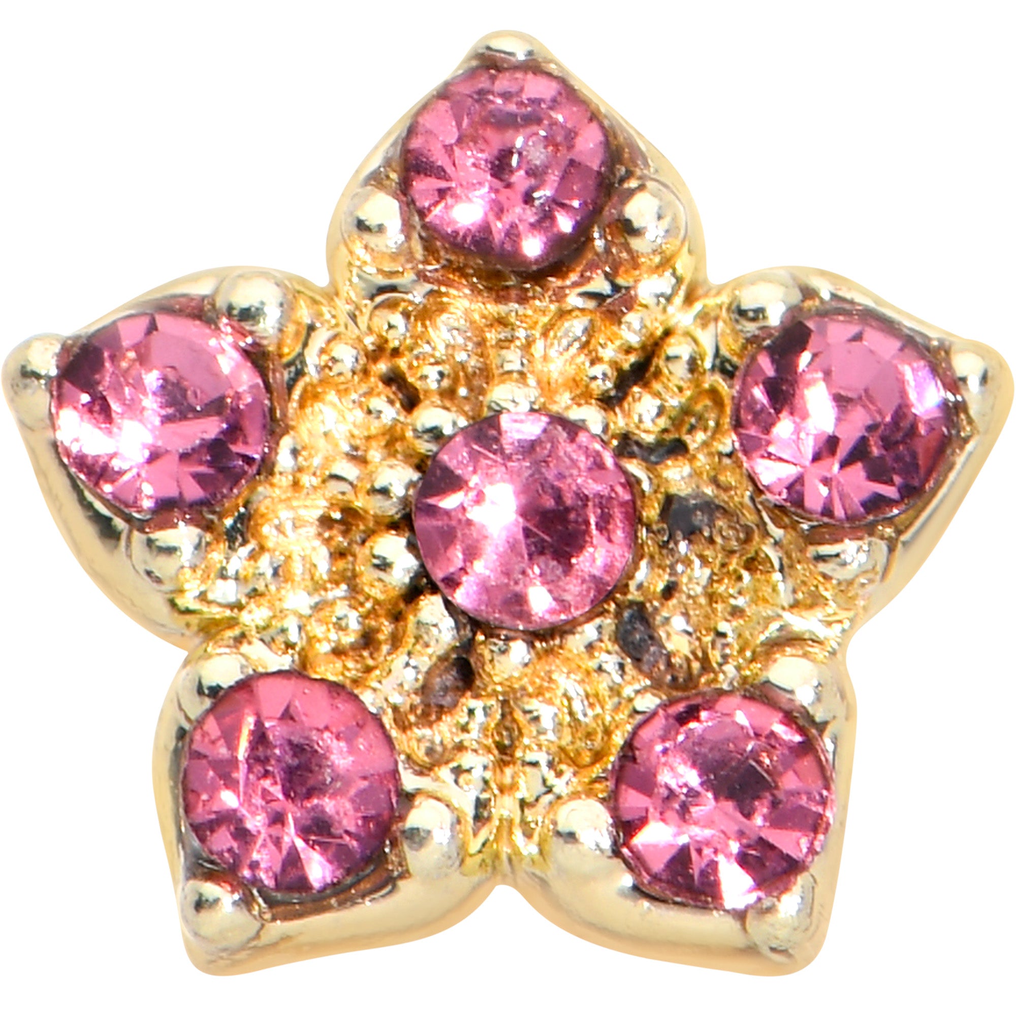 20G 7mm Pink Gem Gold Tone Texture Star Flower L Shape Nose Ring