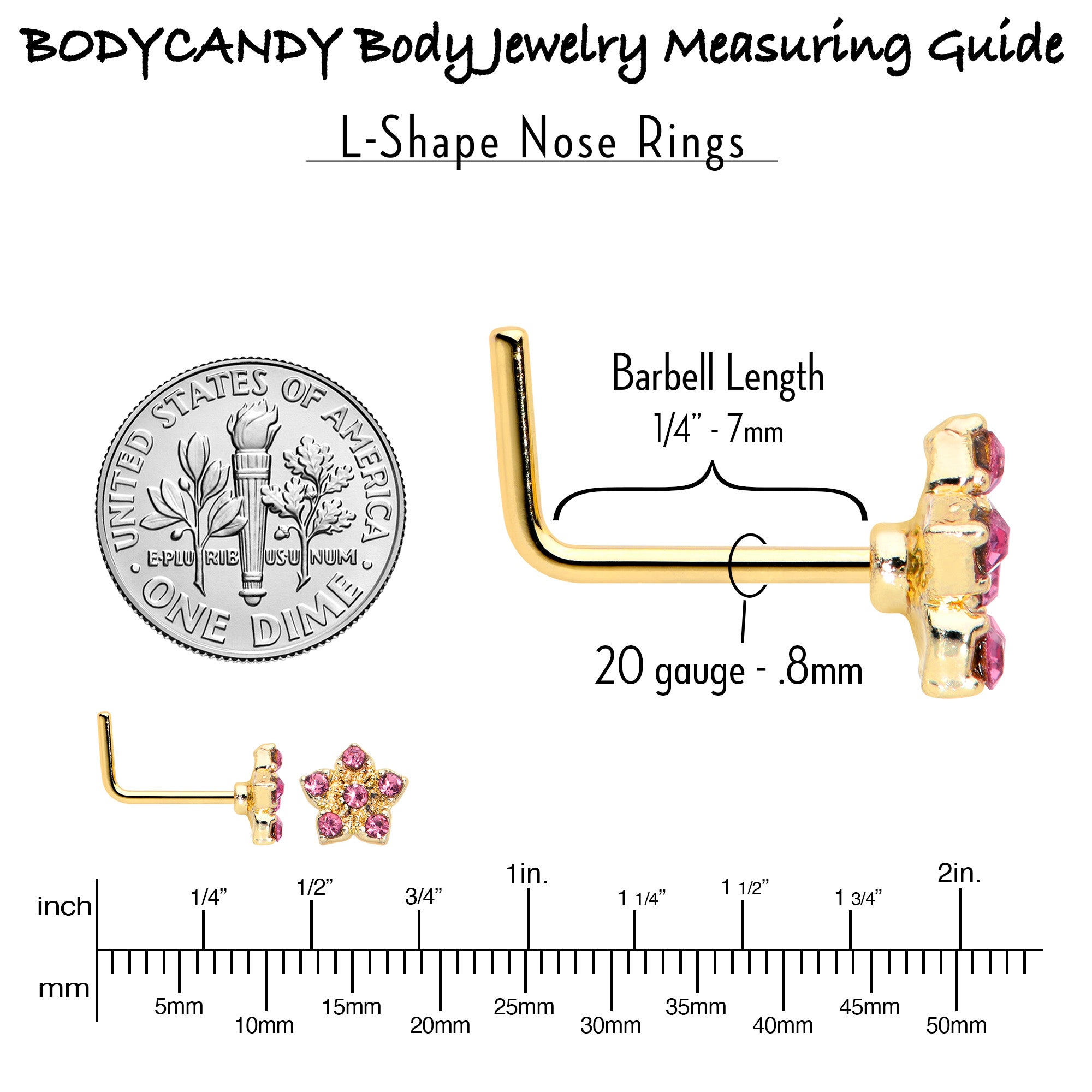 20G 7mm Pink Gem Gold Tone Texture Star Flower L Shape Nose Ring