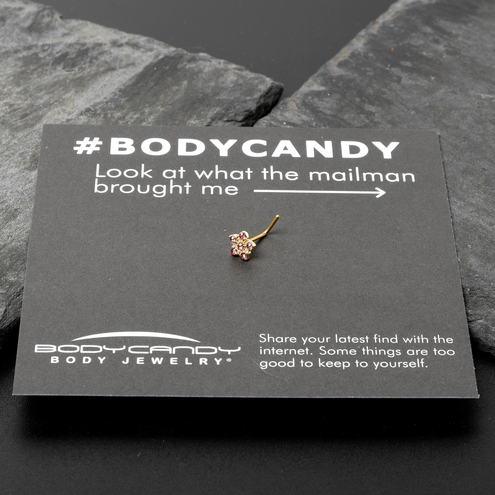 20G 7mm Pink Gem Gold Tone Texture Star Flower L Shape Nose Ring