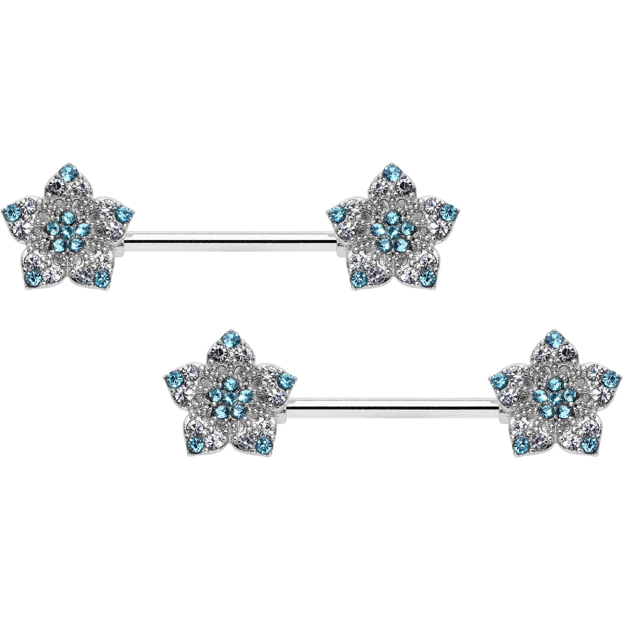 14G 9/16 Blue Clear Gem Opulent Flowers Barbell Nipple Ring Set