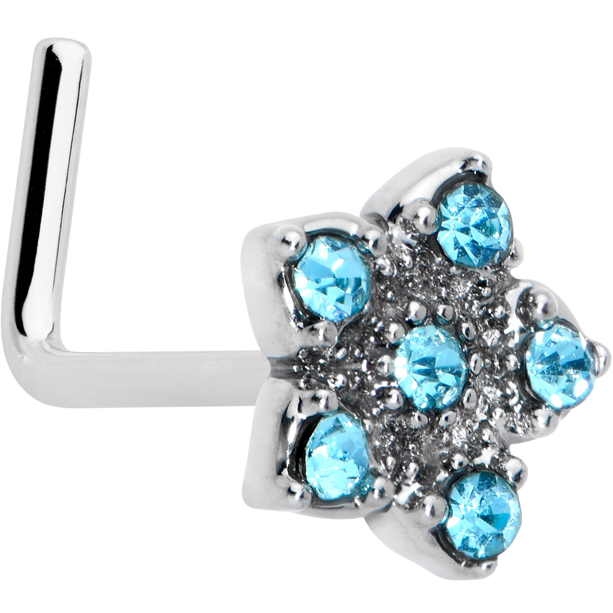 20G 7mm Blue Clear Gem Star Flower L Shape Nose Ring