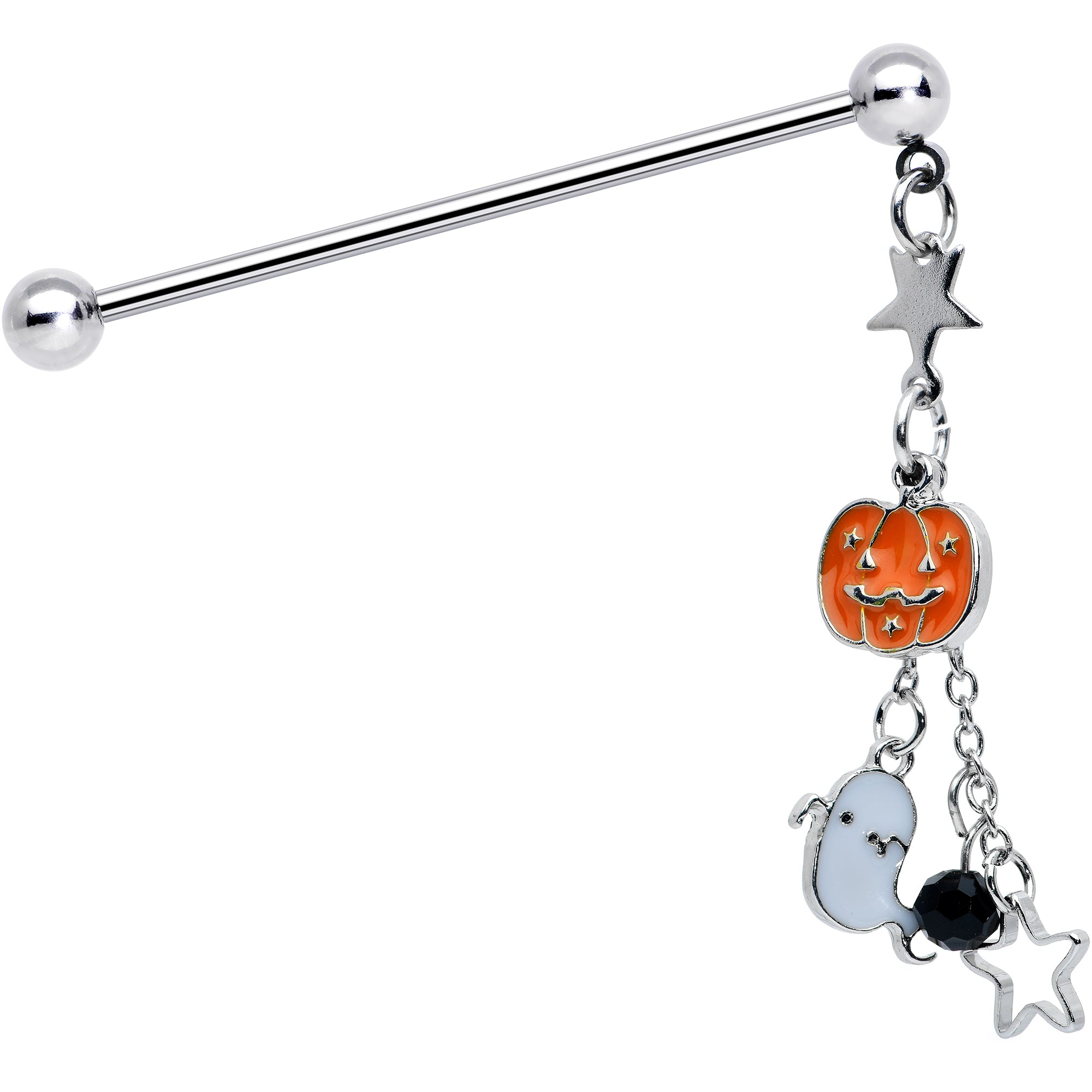 14G Halloween Pumpkin Ghost Chain Dangle Industrial Barbell 38mm