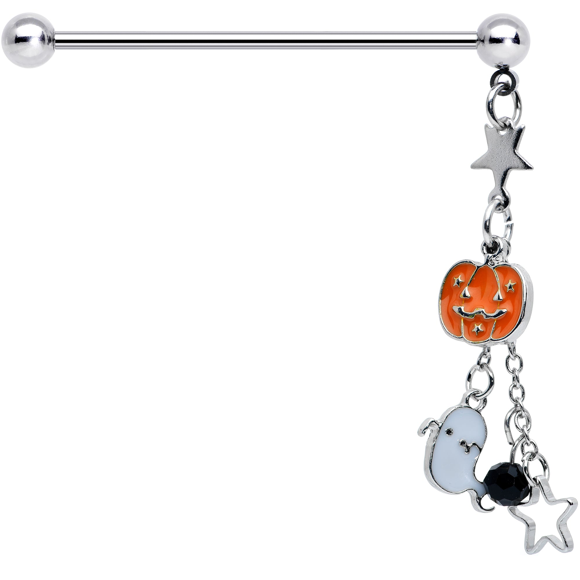 14G Halloween Pumpkin Ghost Chain Dangle Industrial Barbell 38mm