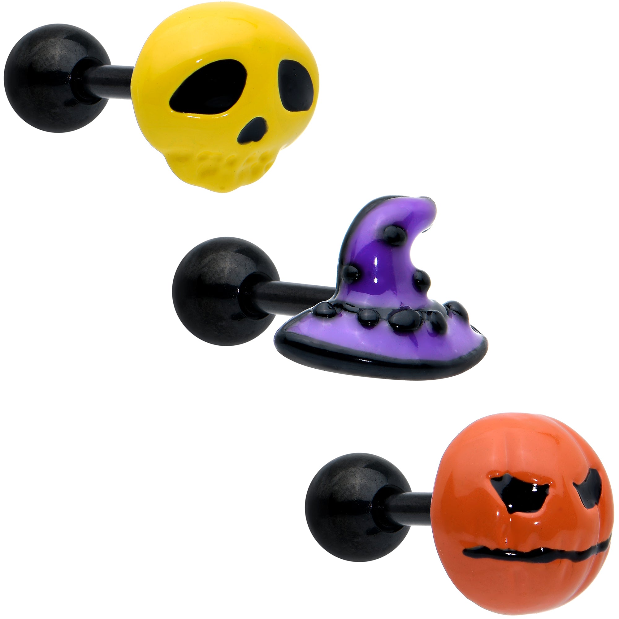 16G 1/4 Black Skull Pumpkin Cartilage Tragus Earring Set of 3