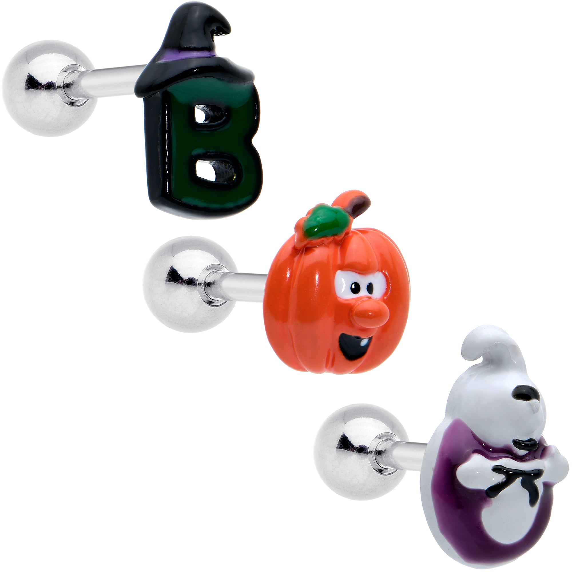 16G 1/4 Witch Ghost Pumpkin Cartilage Tragus Earrings Set of 3