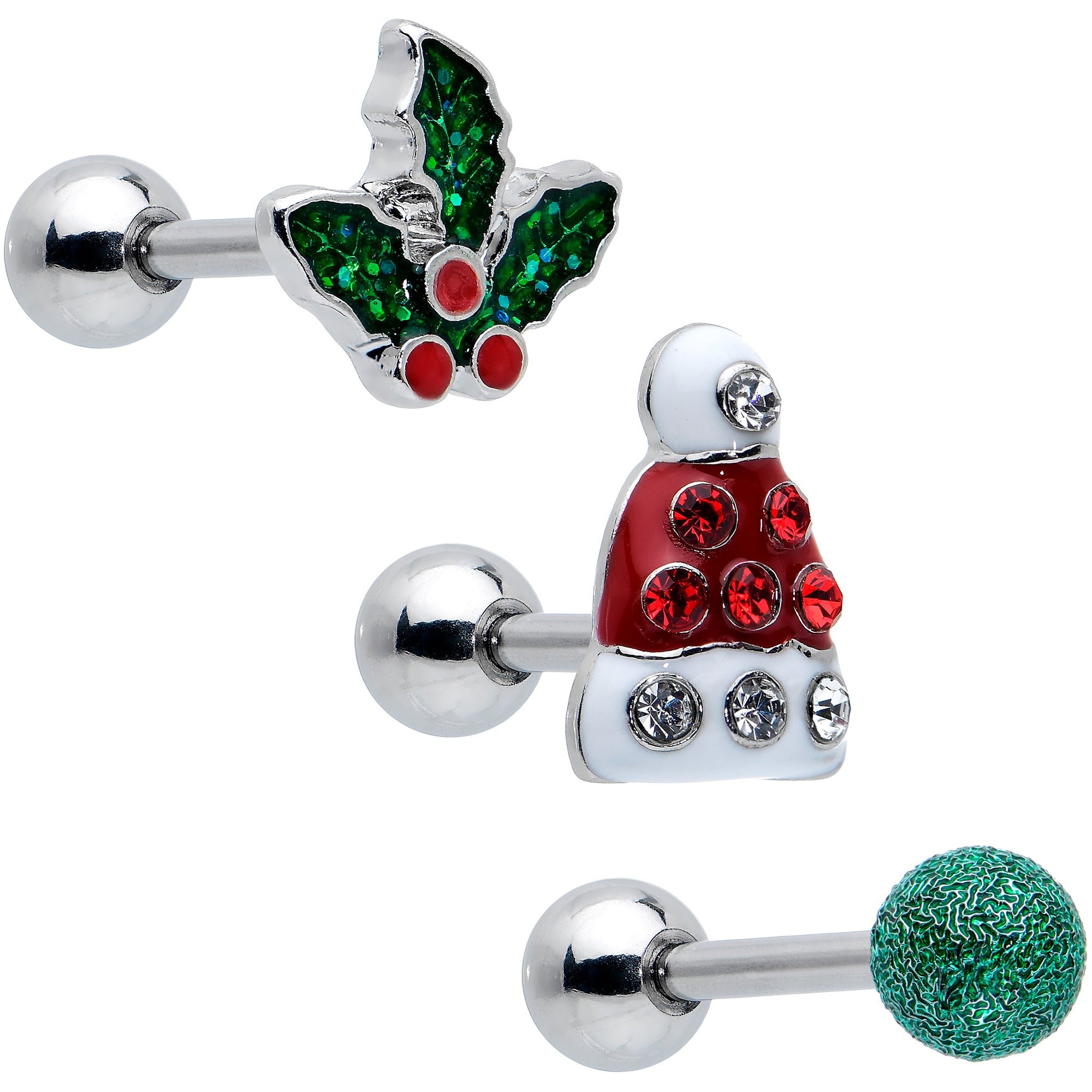 16G 1/4 Red Gem Santa Hat Holly Sprig Cartilage Earring Set of 3