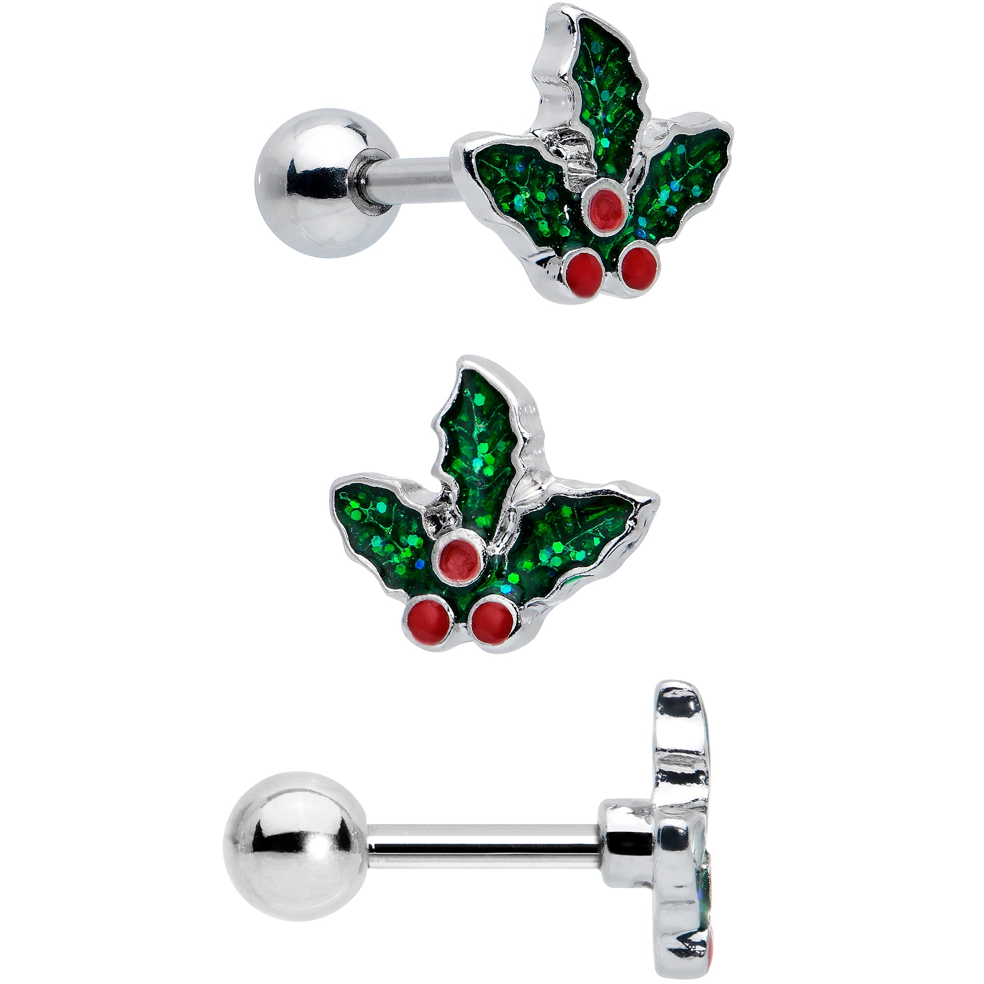 16G 1/4 Red Gem Santa Hat Holly Sprig Cartilage Earring Set of 3
