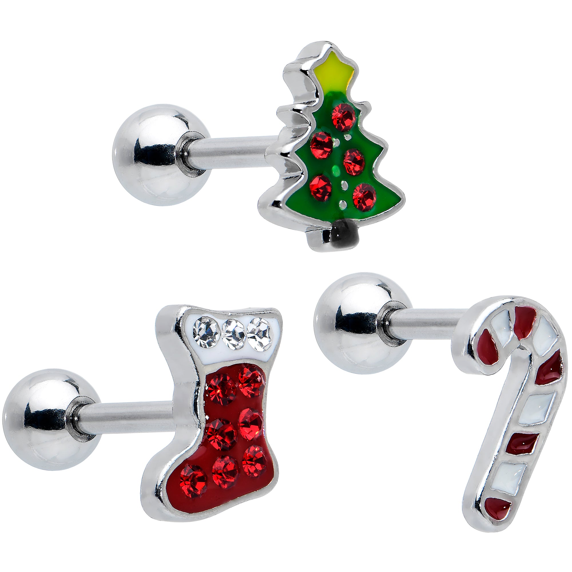 16G 1/4 Clear Gem Stocking Candy Cane Cartilage Earring Set of 3